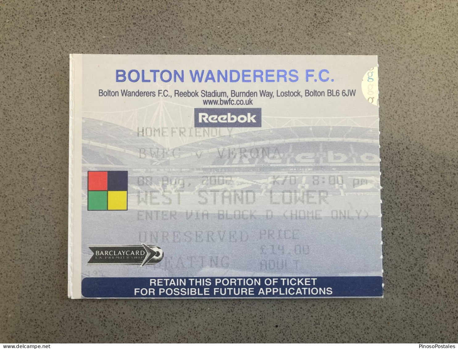 Bolton Wanderers V Verona 2002-03 Match Ticket - Eintrittskarten