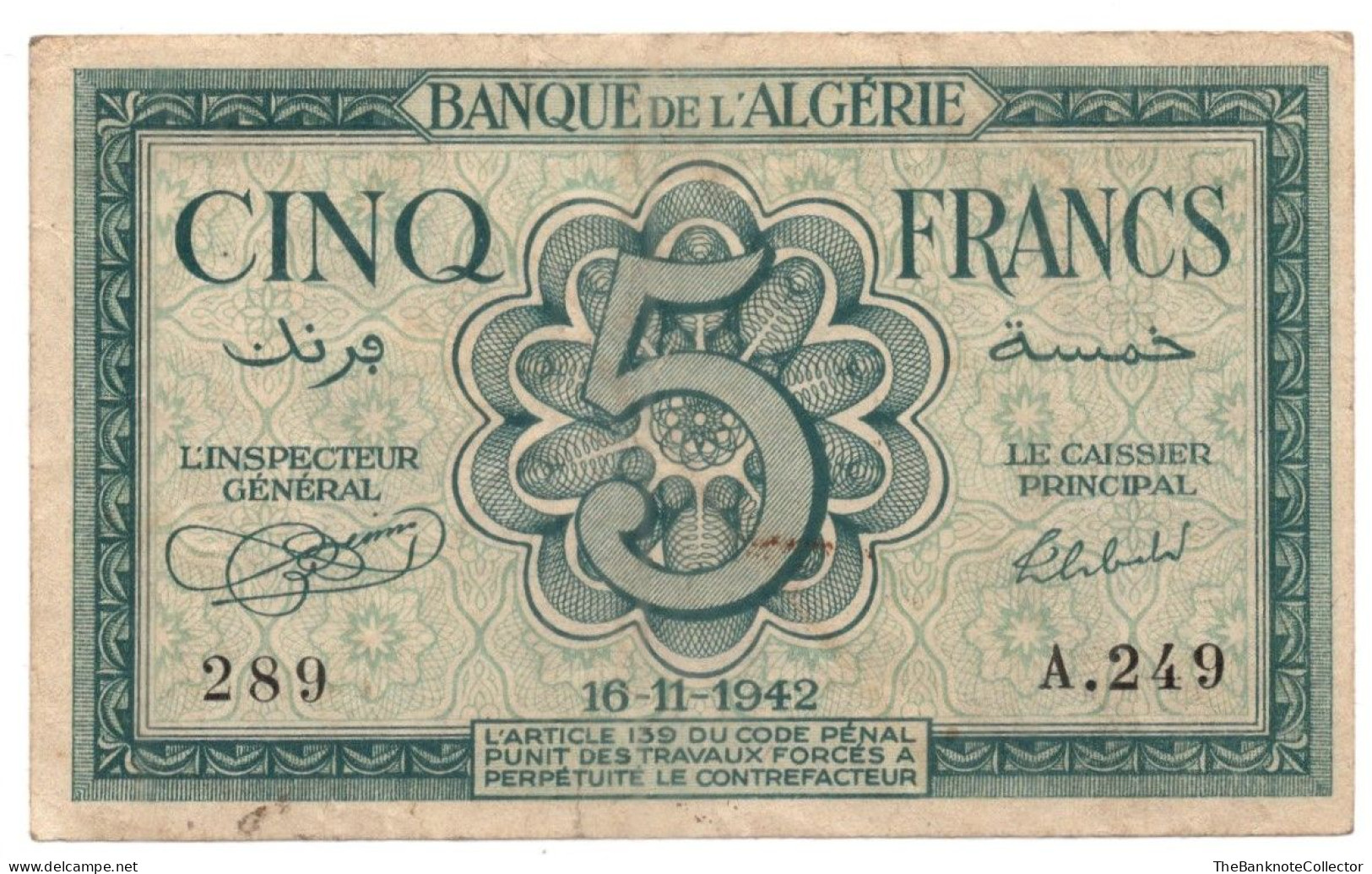 Algeria 5 Francs 1942 WWII AUNC - Argelia