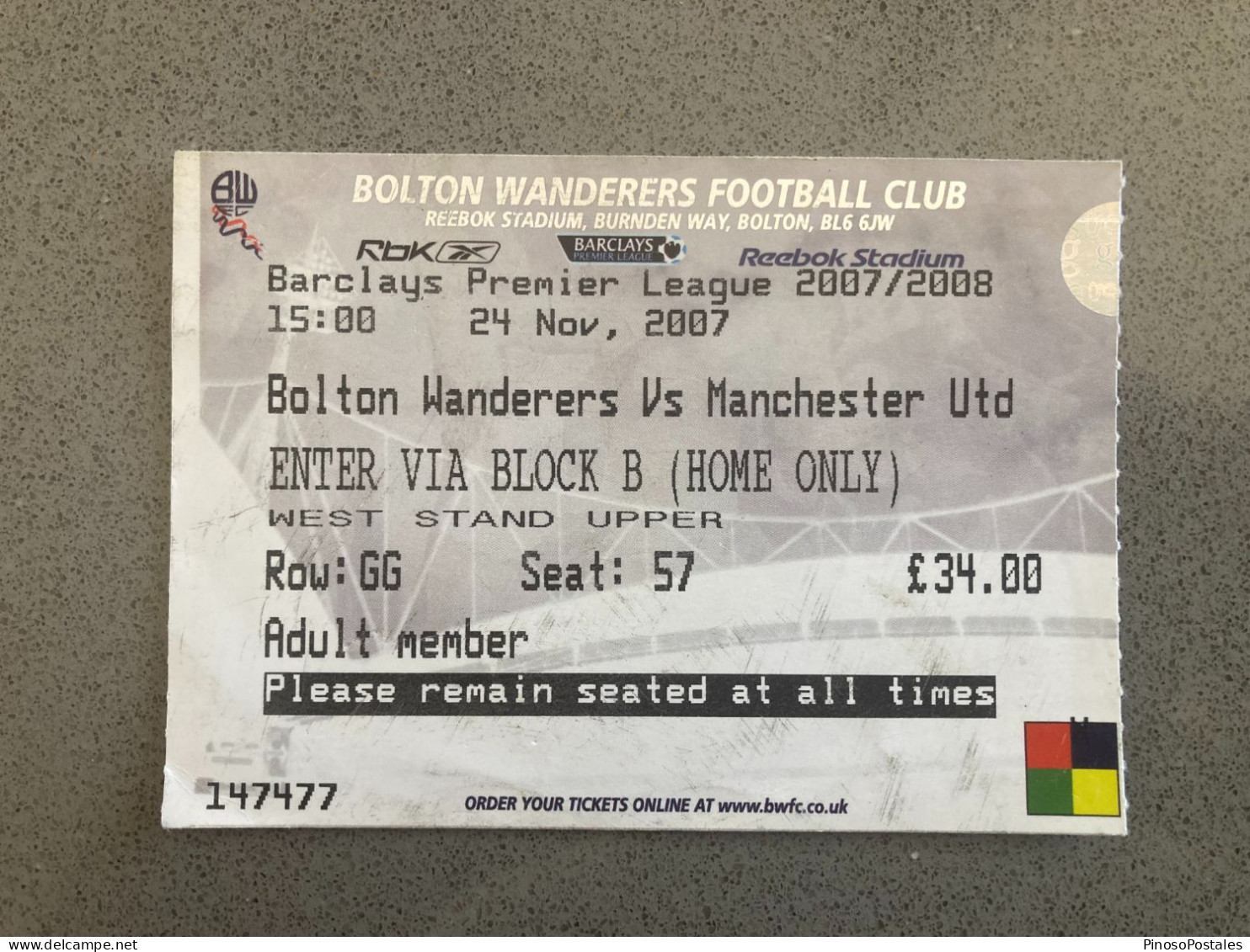 Bolton Wanderers V Manchester United 2007-08 Match Ticket - Eintrittskarten