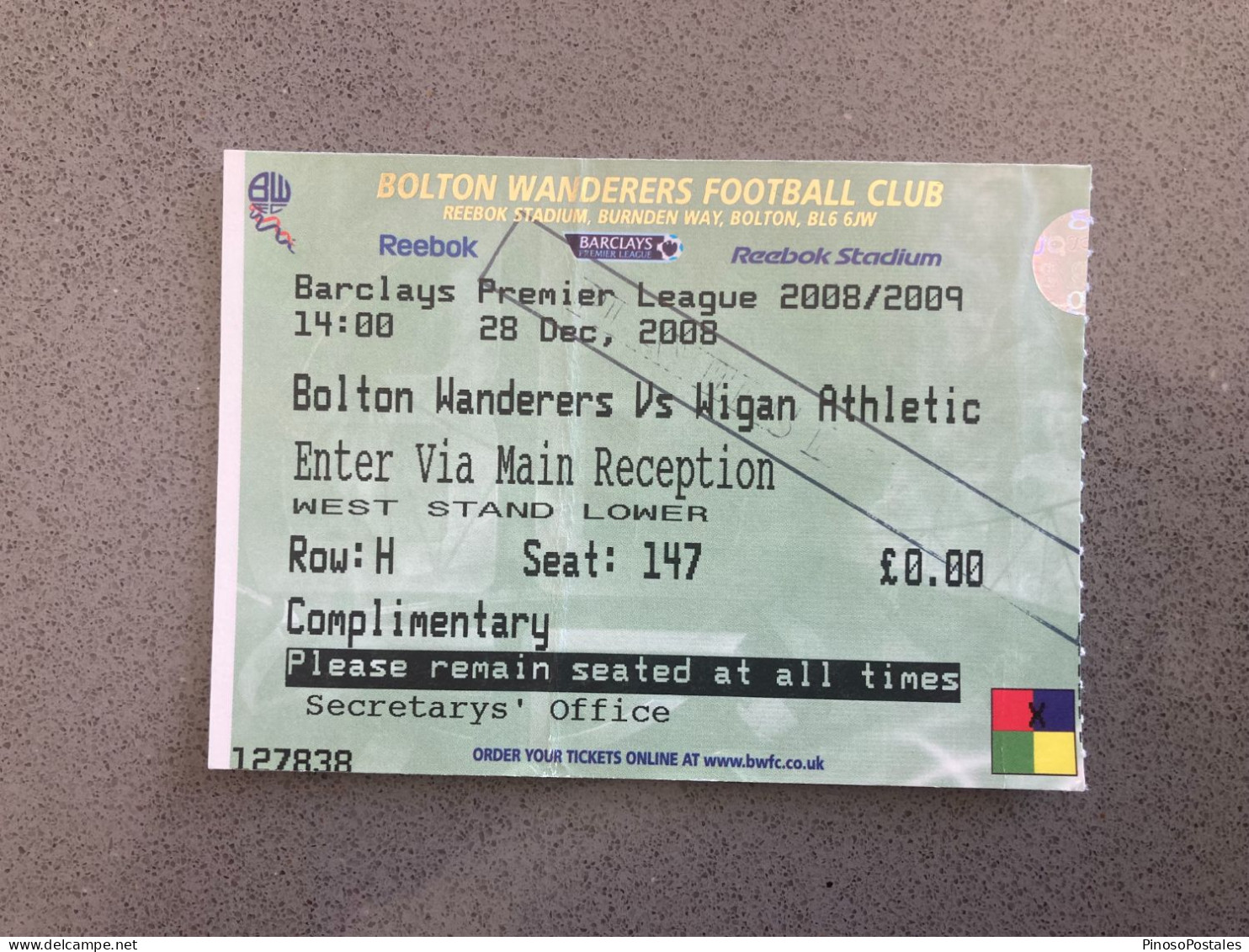 Bolton Wanderers V Wigan Athletic 2008-09 Match Ticket - Eintrittskarten