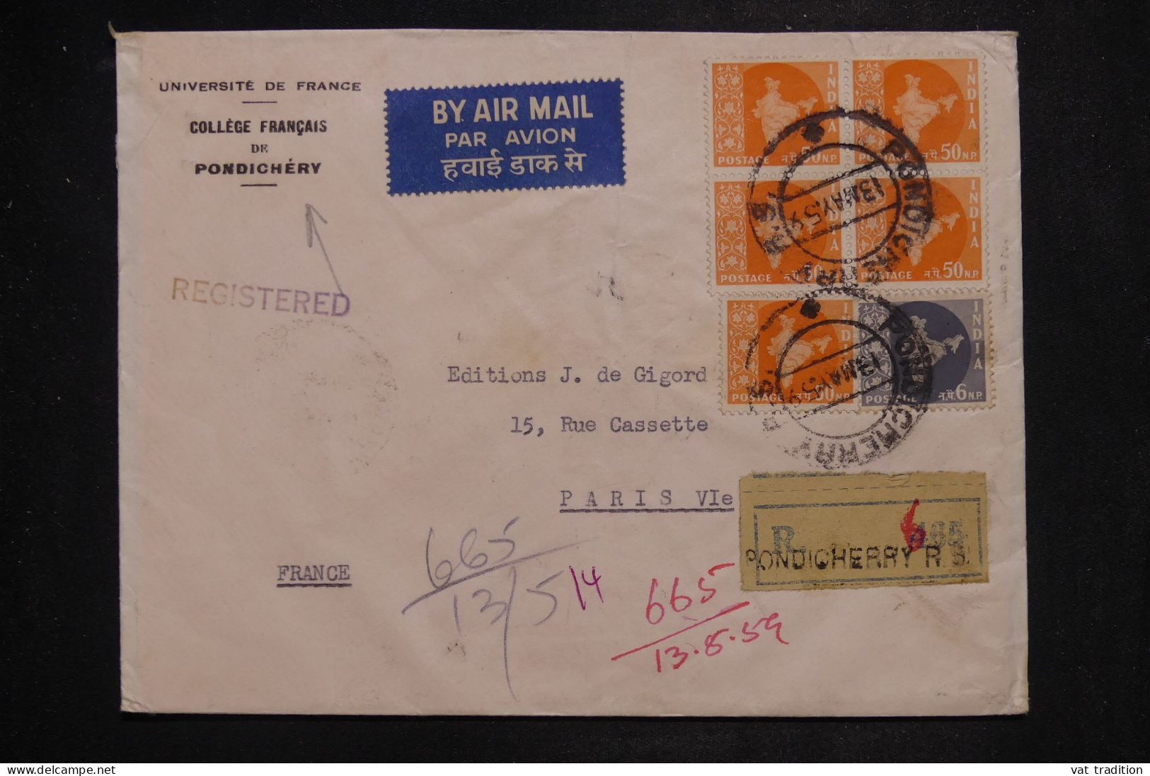 INDE - Enveloppe Du Collège Français De Pondichéry En Recommandé Pour Paris En 1959  - L 151612 - Storia Postale