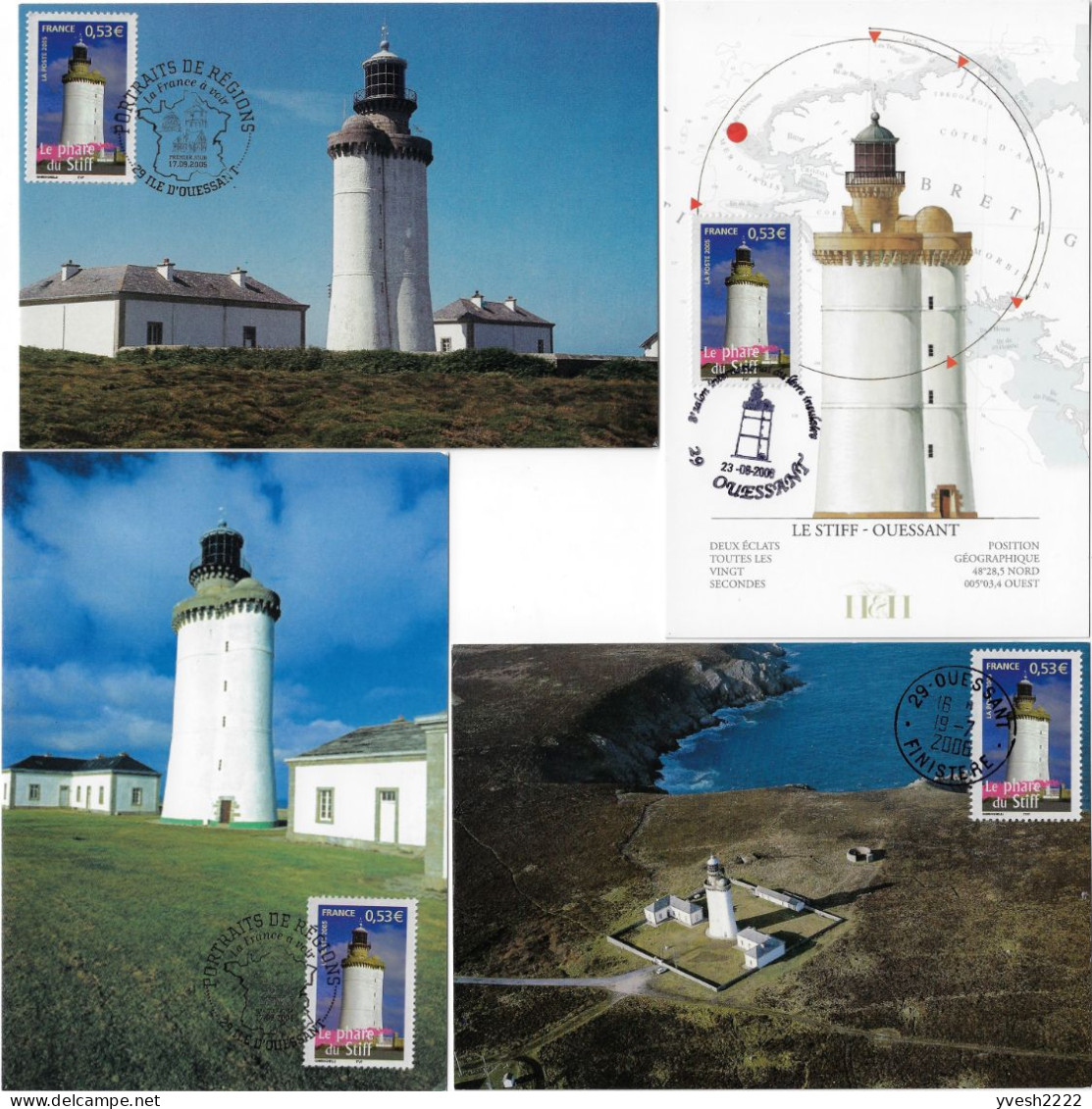 France 2005 Y&T 3822, 4 Cartes Maxima Différentes. Phare Du Stiff, Ouessant - Lighthouses