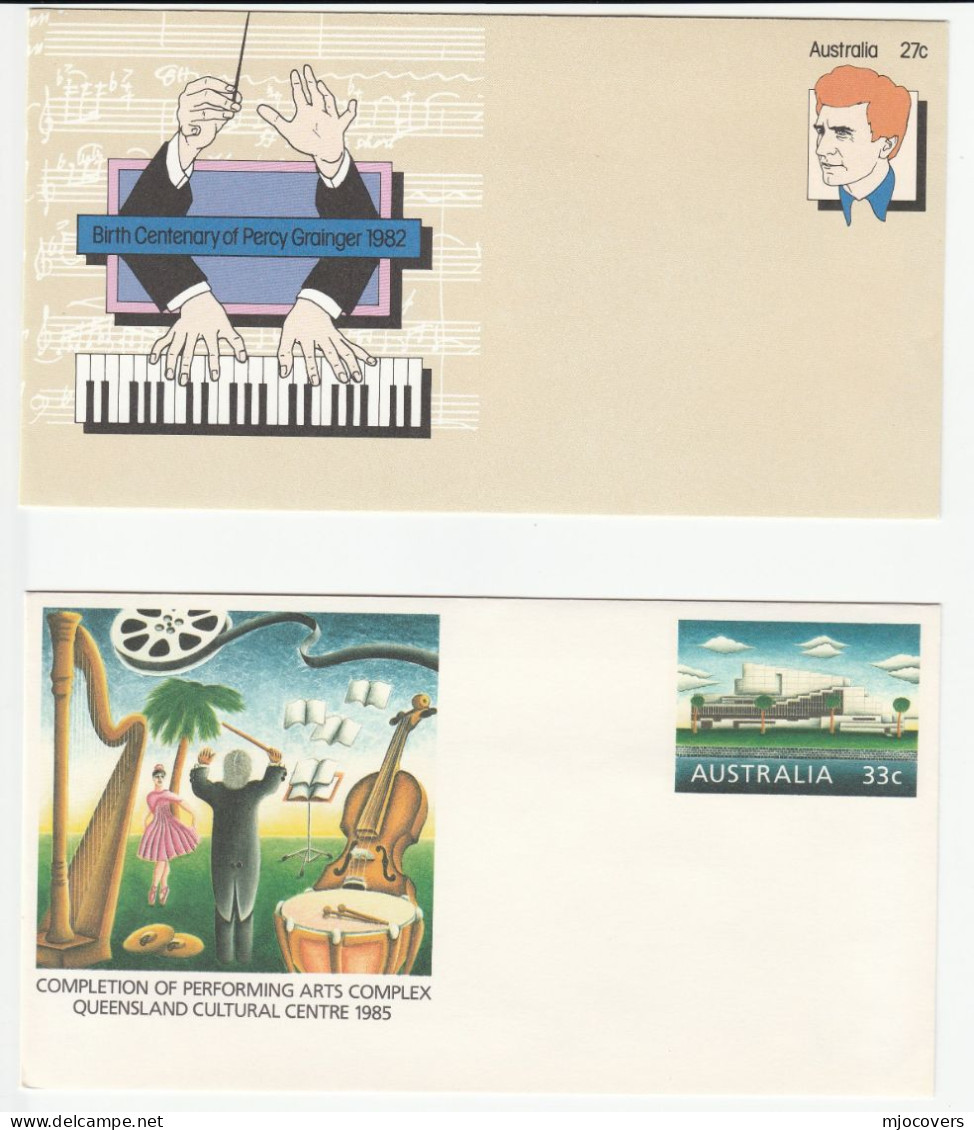 MUISC  2 Diff Illus  AUSTRALIA Postal STATIONERY COVERS  Drum Double Base Piano Harp Cover Stamps - Music