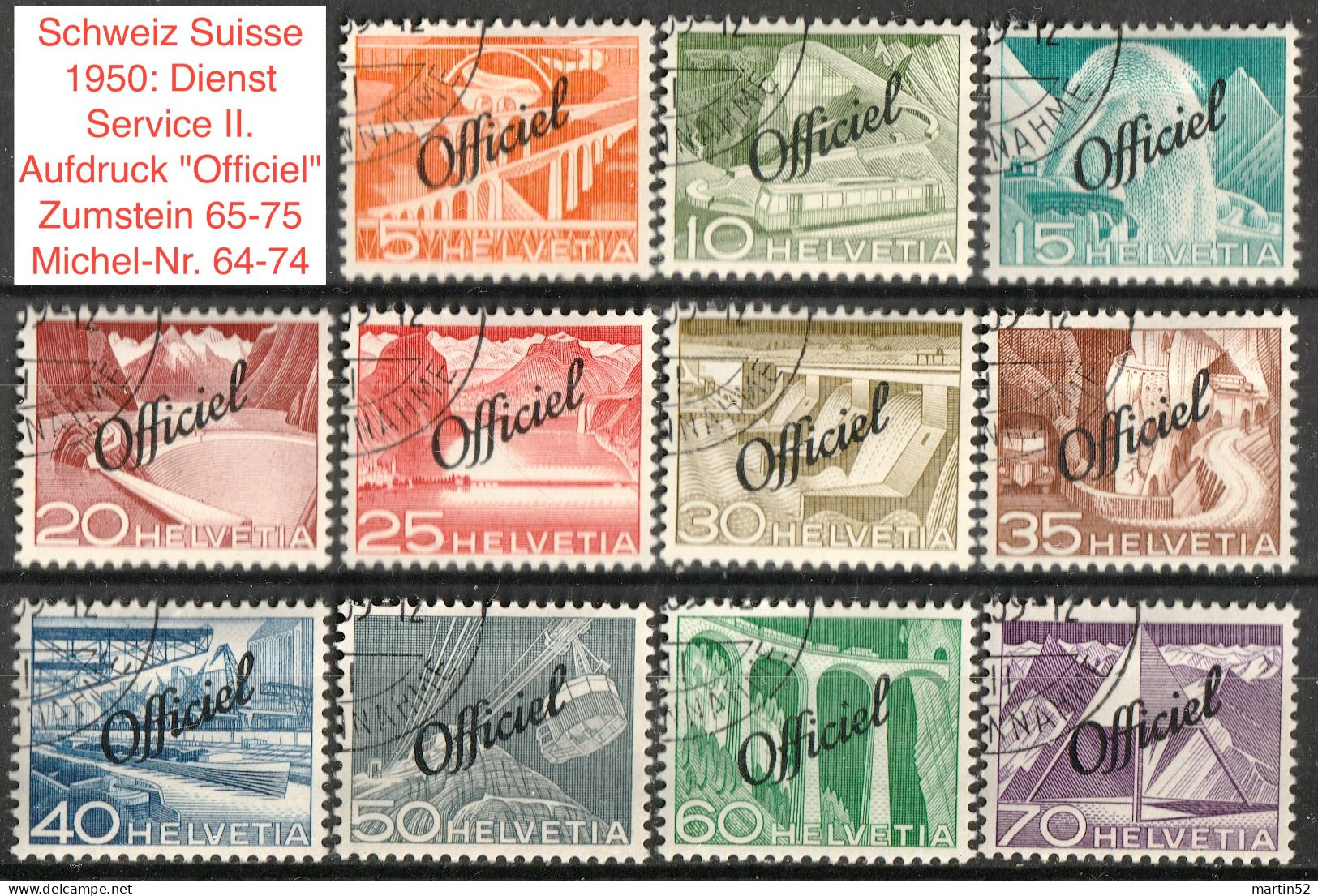 Schweiz Suisse 1950: Dienst Service II. Aufdruck "Officiel" Surcharge Zu 65-75 Mi 64-74 Mit Eck-⊙ (Zumstein CHF 110.00) - Service