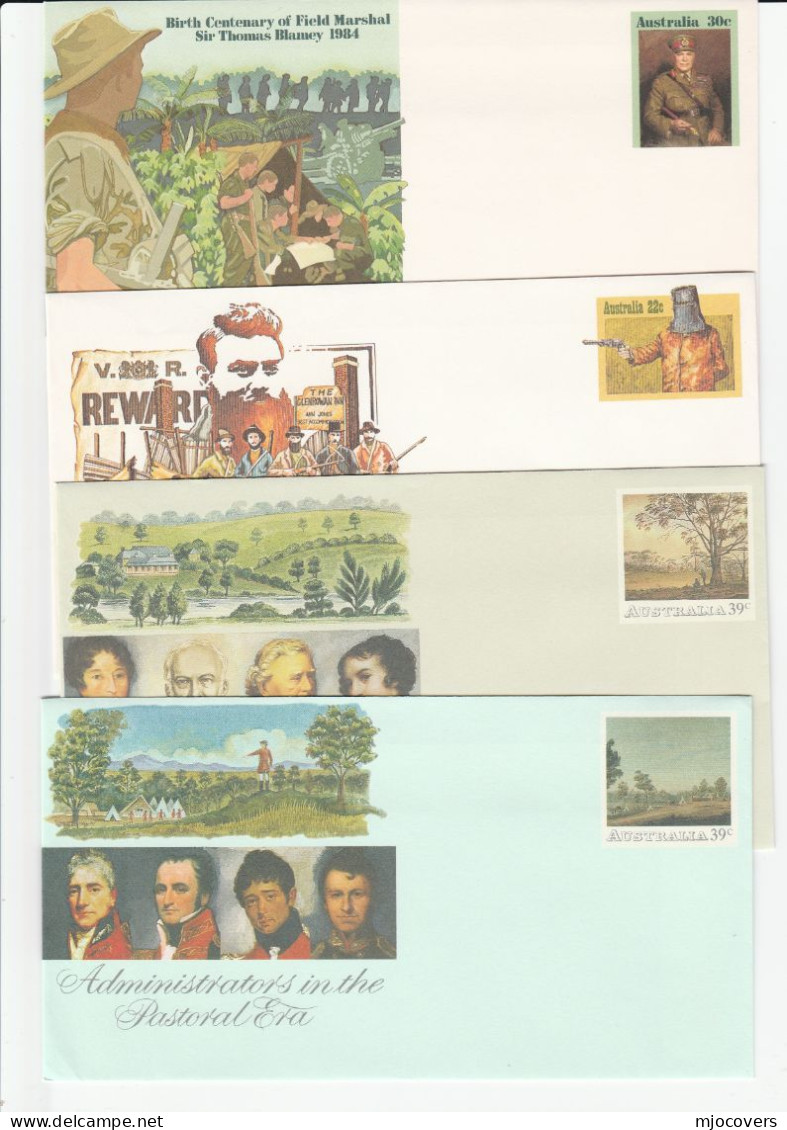 FAMOUS PEOPLE  4 Difff Illus  AUSTRALIA Postal STATIONERY COVERS  Cover Stamps Tree Military Gun Pioneers - Postal Stationery