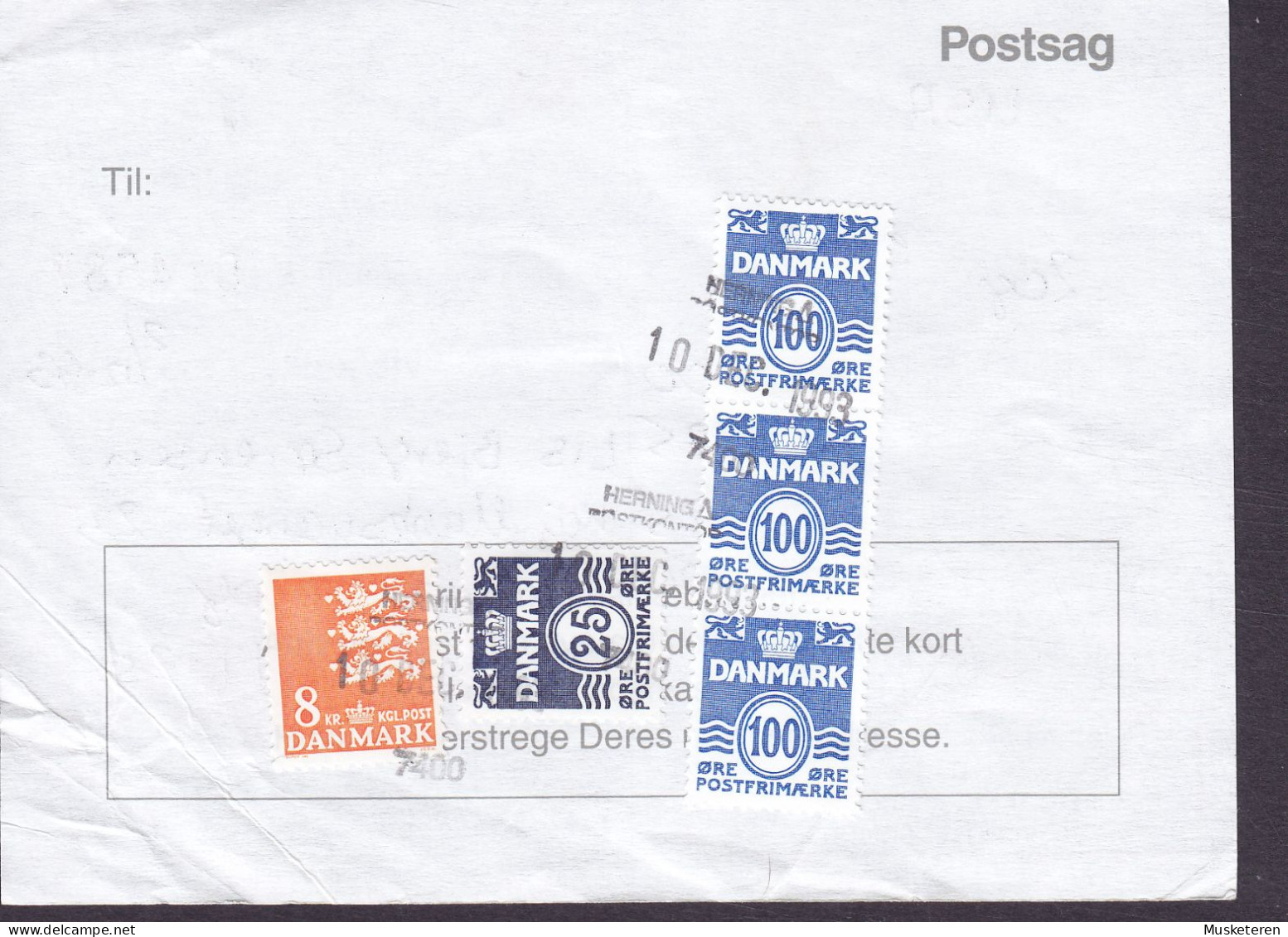 Denmark Regning Manglende Porto Bill TAXE Postage Due To USA Line Cds. HERNING POSTKONTOR 1993 Postsag 3-stripe - Cartas & Documentos