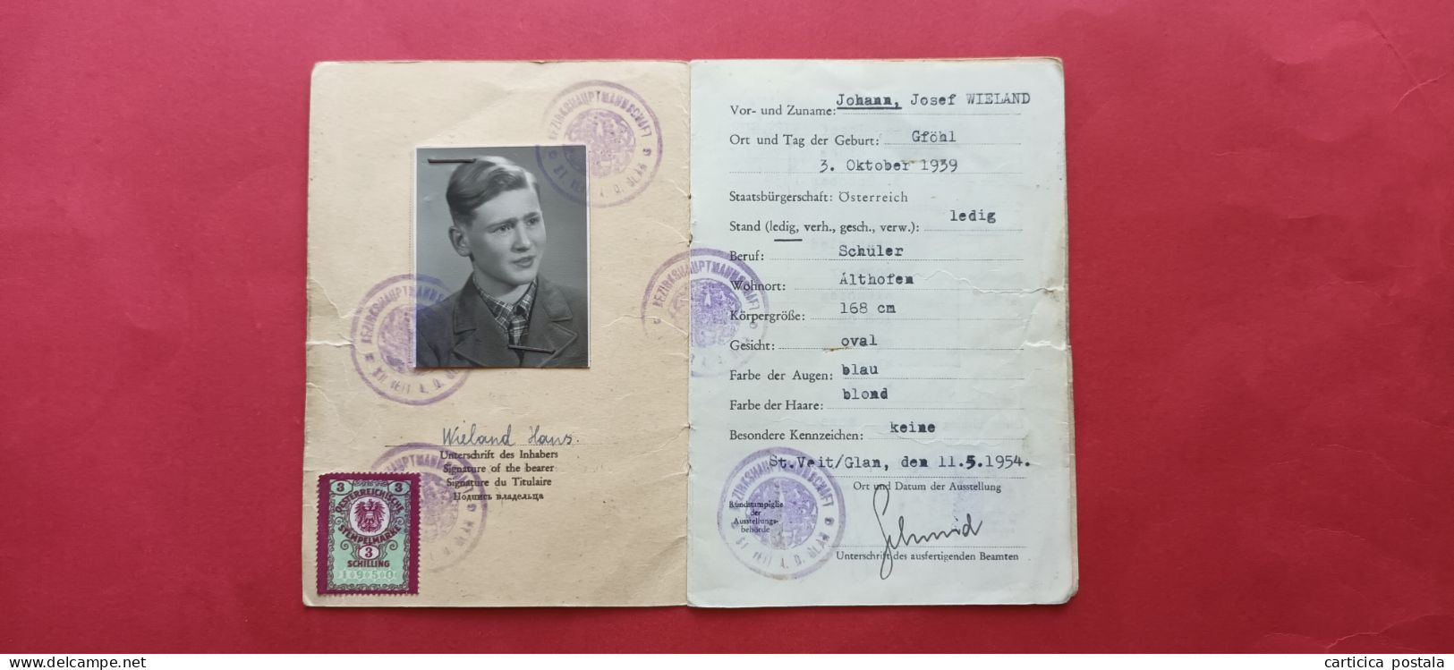 Austria Identitatsausweis, Identity Card, Carte D Identite 1954,Stamps  Fiscal Stamp Sankt Veit Glan - St. Veit An Der Glan