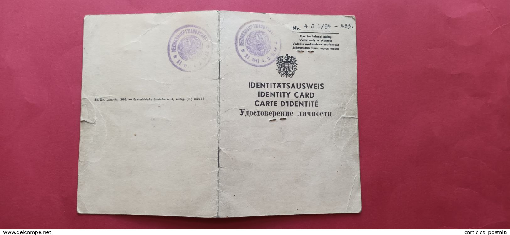Austria Identitatsausweis, Identity Card, Carte D Identite 1954,Stamps  Fiscal Stamp Sankt Veit Glan - St. Veit An Der Glan