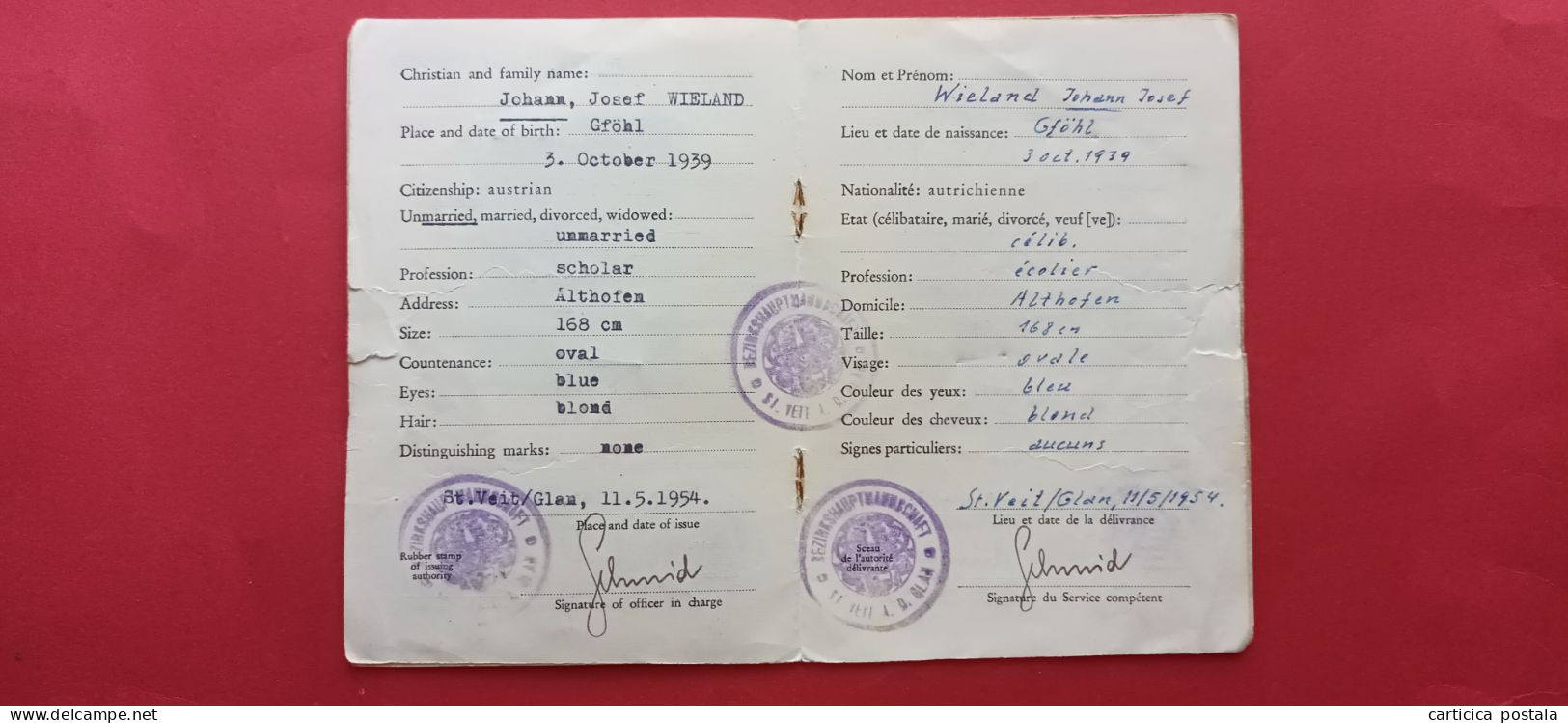 Austria Identitatsausweis, Identity Card, Carte D Identite 1954,Stamps  Fiscal Stamp Sankt Veit Glan - St. Veit An Der Glan
