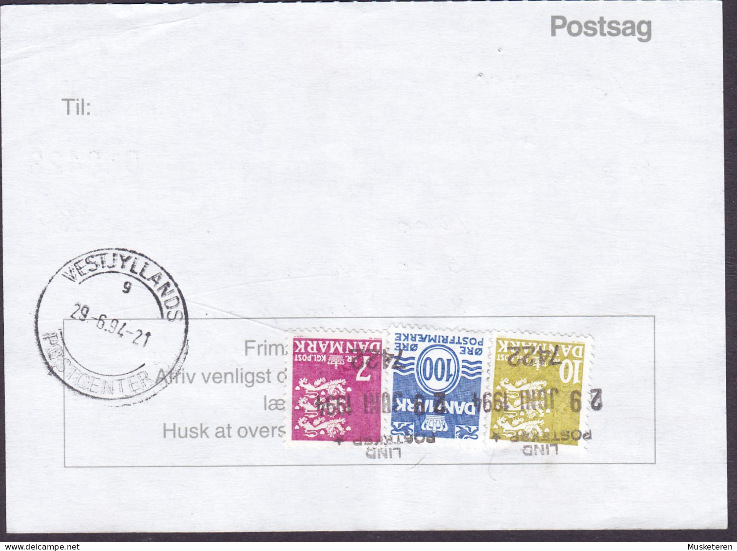 Denmark Regning Manglende Porto Bill TAXE Postage Due Yugoslavia Line Cds. LIND POSTKONTOR 1994 Postsag 3-Colour Frankin - Lettres & Documents