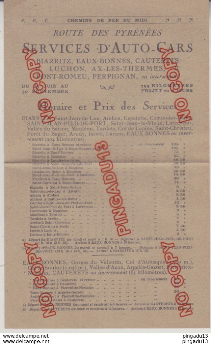 Fixe Chemins De Fer Du Midi Pyrénées Service Auto-cars Horaire Prix Des Services Année 1920 - Europe