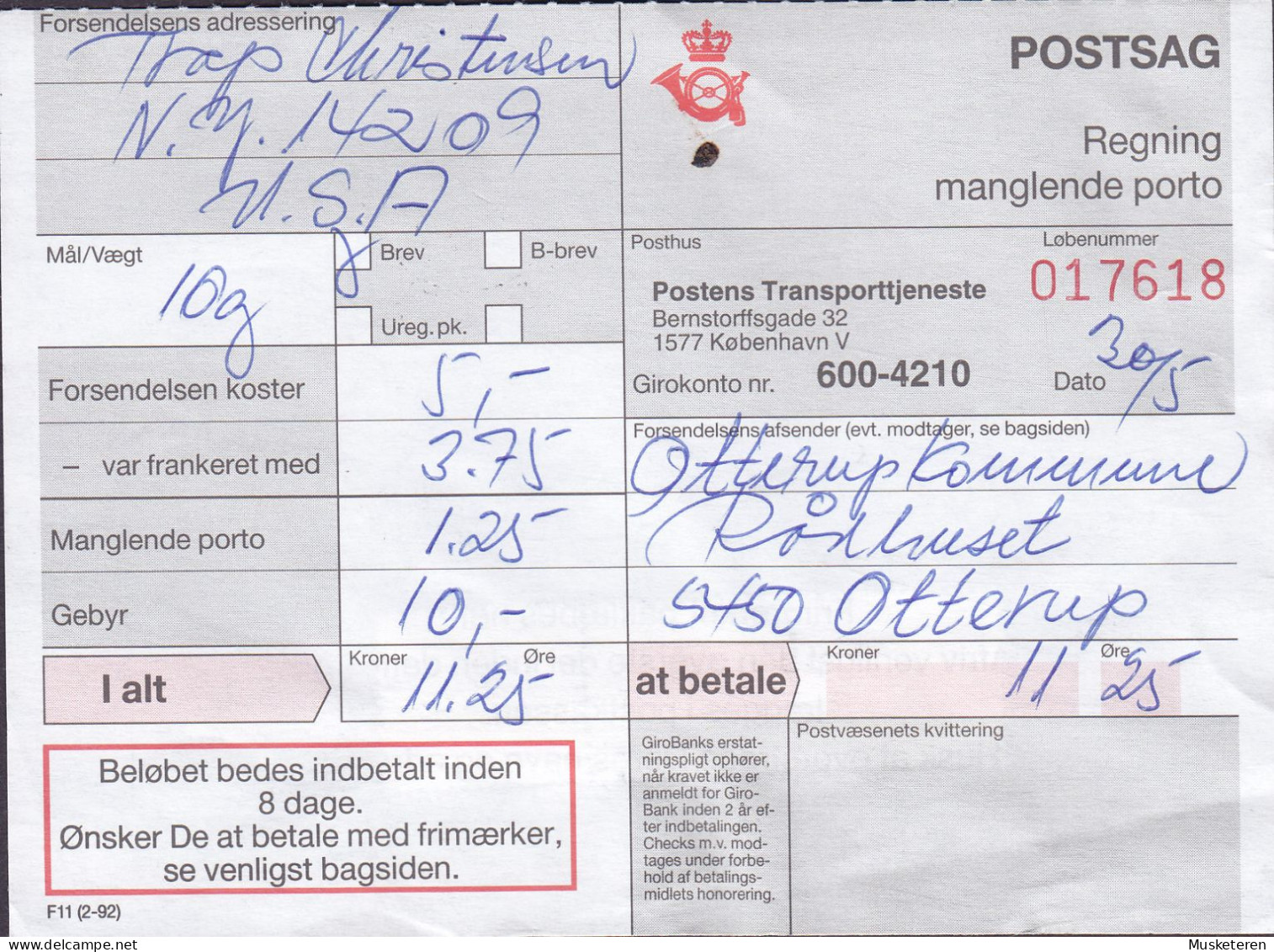 Denmark Regning Manglende Porto Bill TAXE Postage Due USA Line Cds. OTTERUP POSTKONTOR 1994 Postsag 3-Stripe (Cz. Slania - Covers & Documents