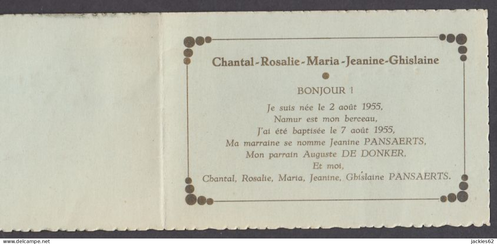 129982/ Baptème, Chantal Rosalie Maria Namur, 7/8/1955 - Geburt & Taufe