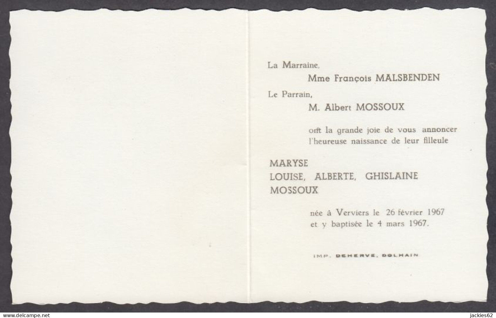 129985/ Naissance, Maryse Louise Alberte Ghislaine, Verviers, 26/2/1967 - Geburt & Taufe