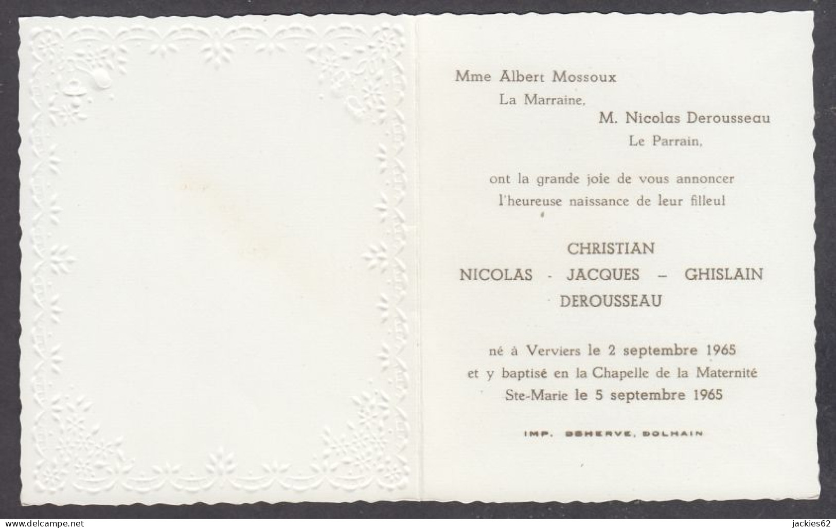 129987/ Naissance, Christian, Nicolas, Jacques, Verviers, 5/9/1965 - Nacimiento & Bautizo