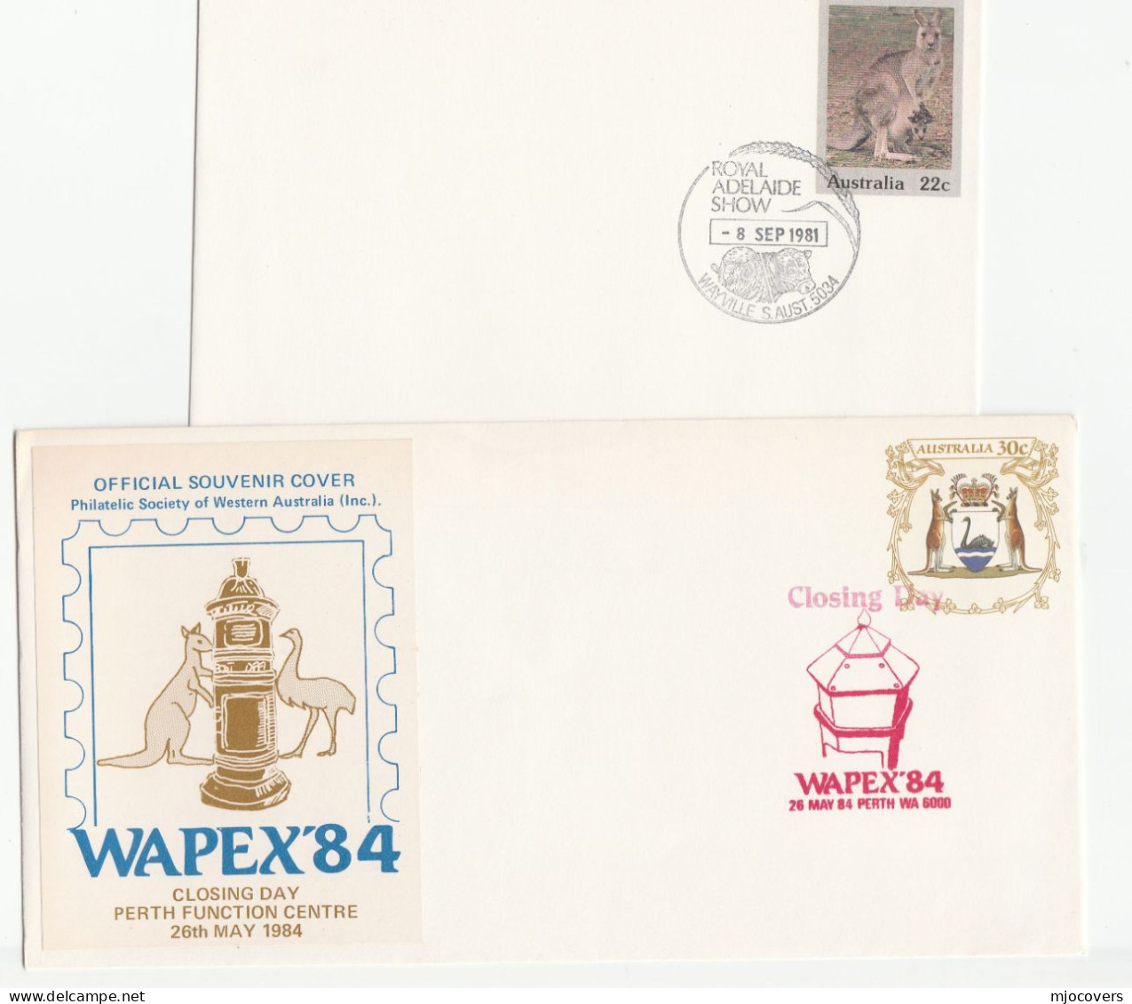 ROYAL Adelaide SHOW &  Perth WIPEX Event COVERS Australia Stamps Kangaroo Sheep  Emu Bird Cover Stamps Stationery - Cartas & Documentos