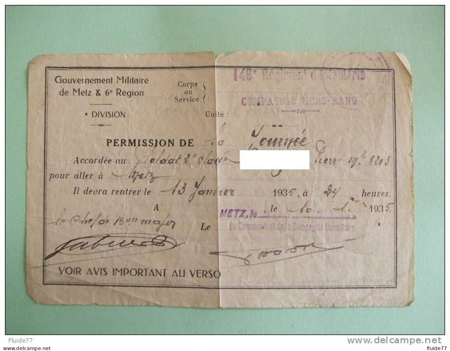 @PERMISSION DE:la Journée , 146 Régiment D'Infanterie, Daté 13/01/1935 @ - Documents