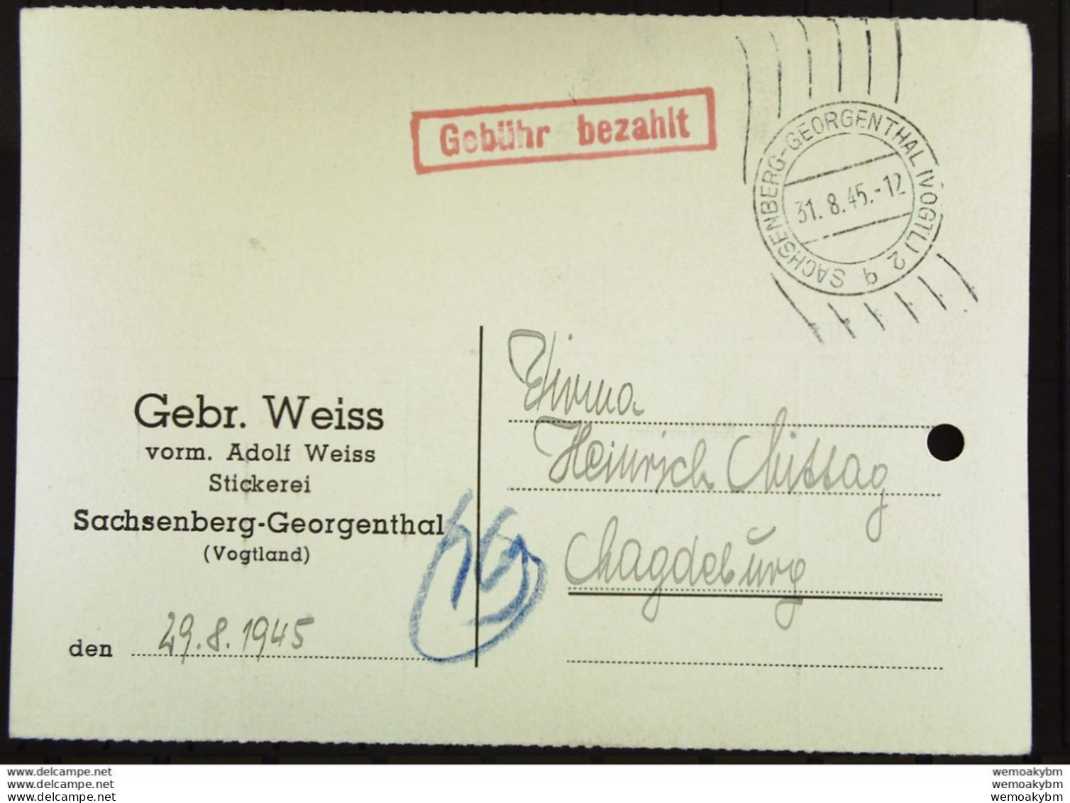 Lokal/Bar: Fern-Karte (Rechnung) Aus SACHSENBERG-GEORGENTHAL (Vogtland) Vom 31.8.45  -mit Rotem Stpl. "Gebühr Bezahlt" - Lettres & Documents