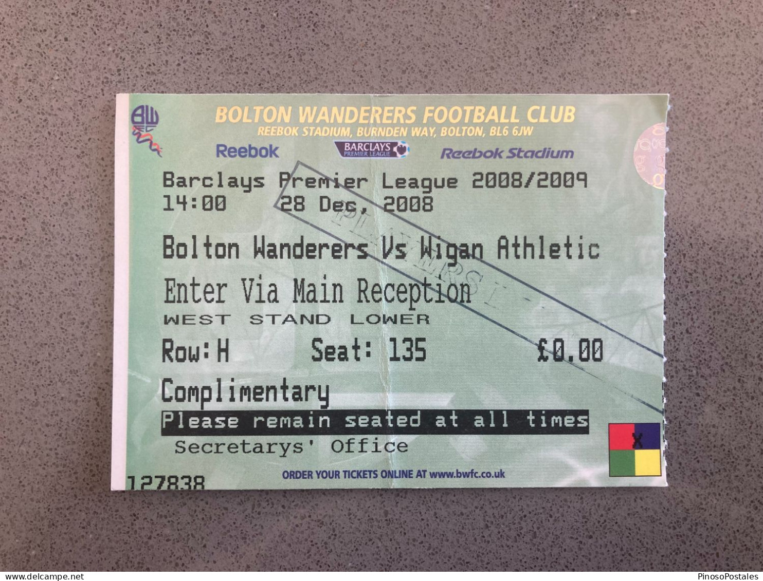 Bolton Wanderers V Wigan Athletic 2008-09 Match Ticket - Eintrittskarten