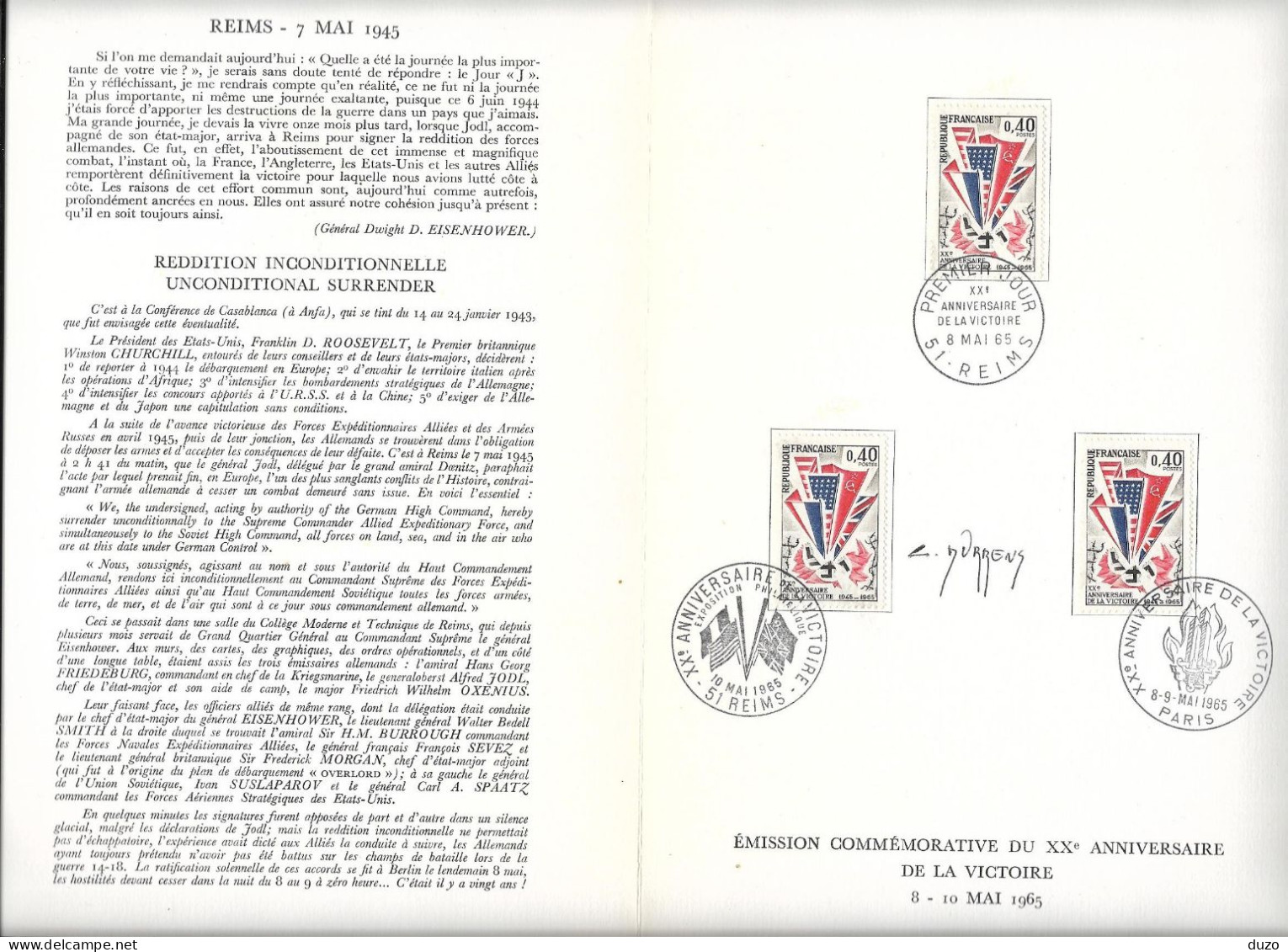 1◙  France -  Encart Signé & Numéroté 039 : XXème Anniversaire De La Victoire 8-10 Mai 1965  -  (3 Scans). - WW2