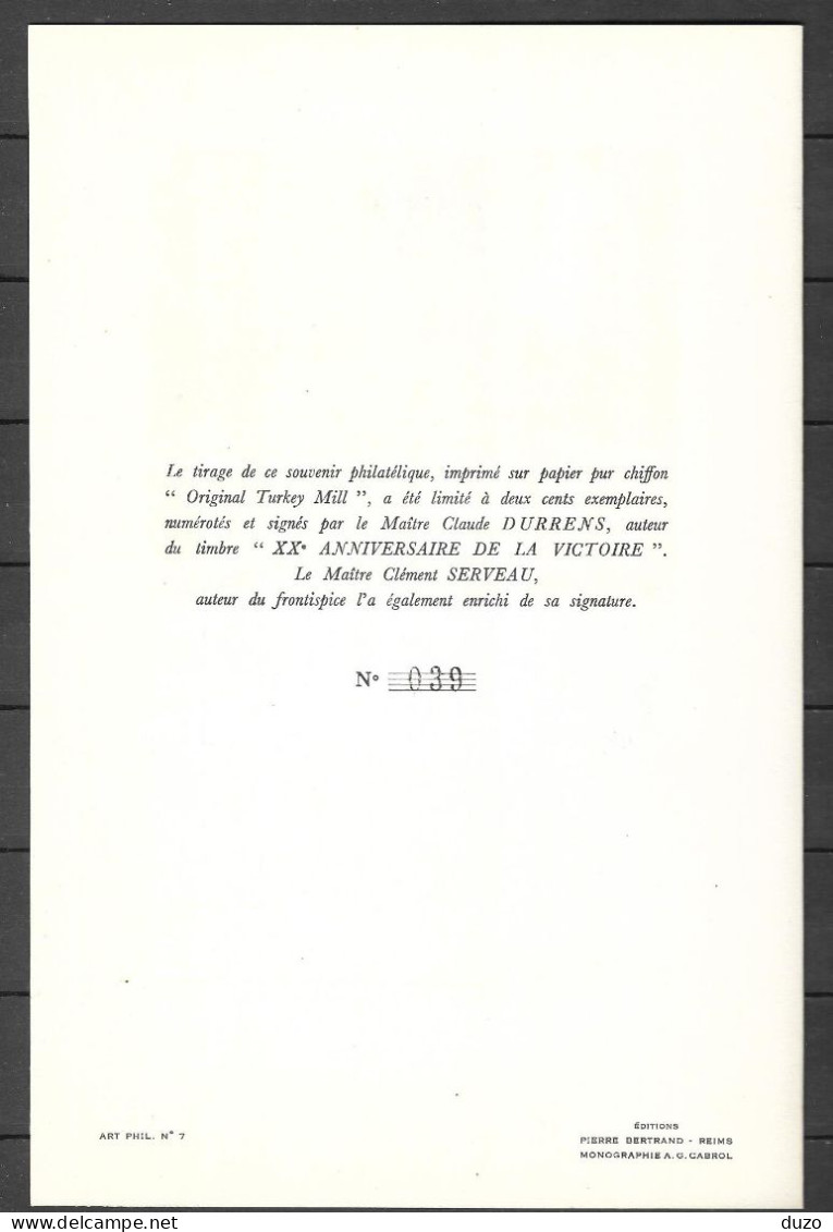 1◙  France -  Encart Signé & Numéroté 039 : XXème Anniversaire De La Victoire 8-10 Mai 1965  -  (3 Scans). - WW2