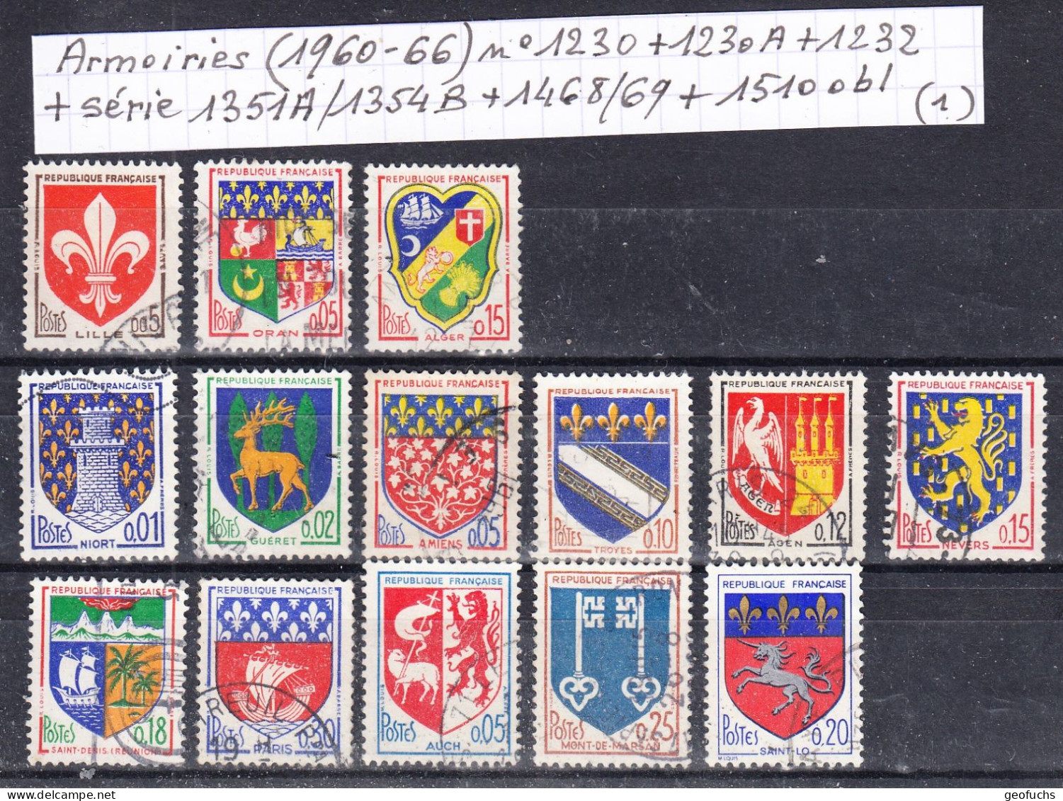 France Armoiries (1960-66) Y/T N° 1230/30A + 1232 + Série 1351A/1354B + 1468/69 + 1510 Oblitérés (lot 1) - 1941-66 Wapenschilden