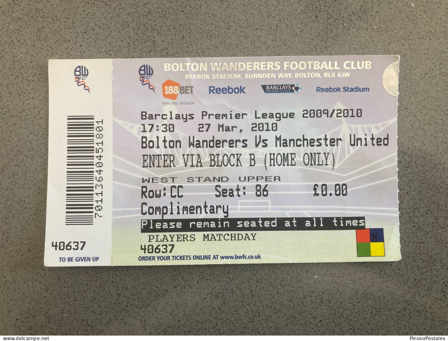 Bolton Wanderers V Manchester United 2009-10 Match Ticket - Eintrittskarten