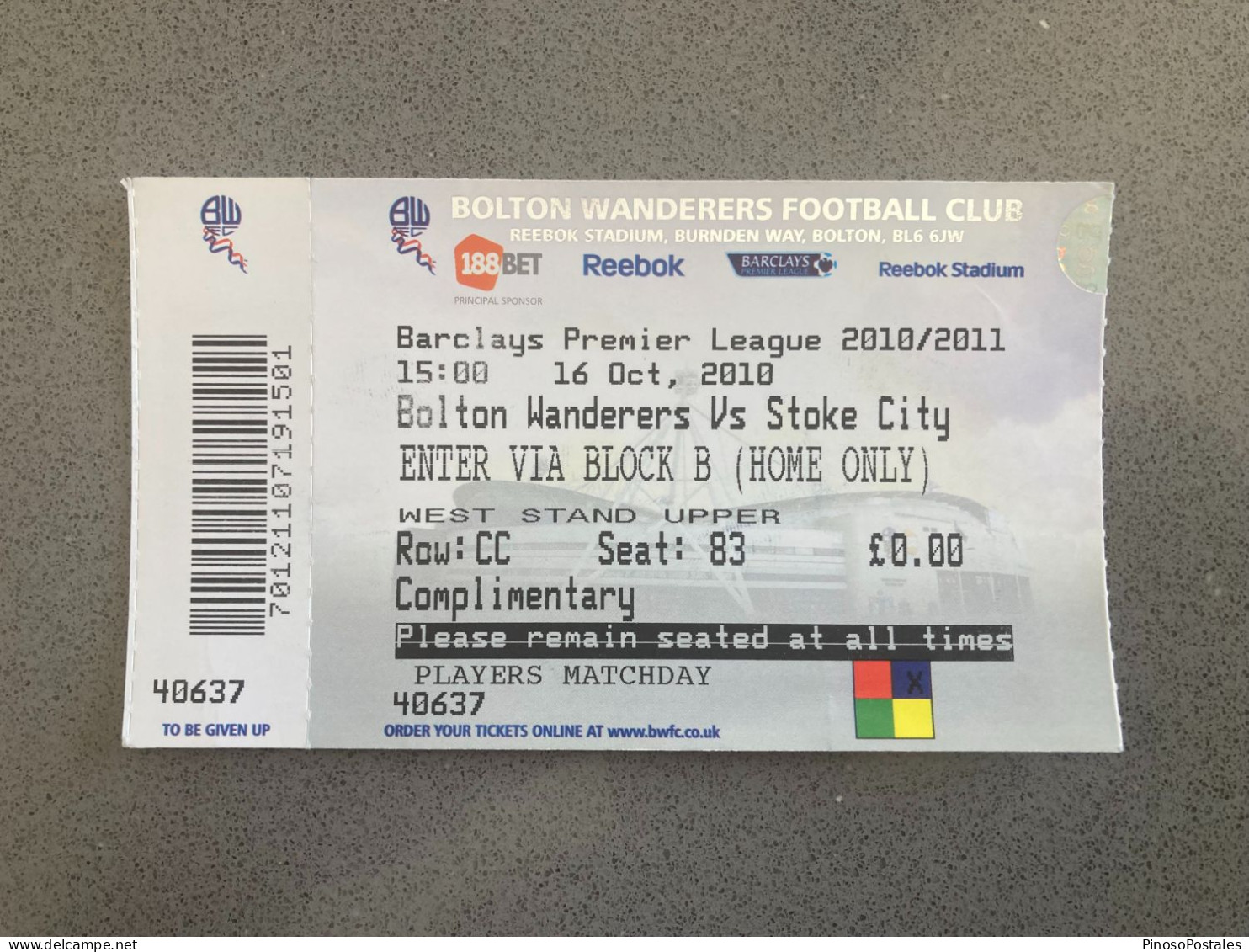 Bolton Wanderers V Stoke City 2010-11 Match Ticket - Eintrittskarten