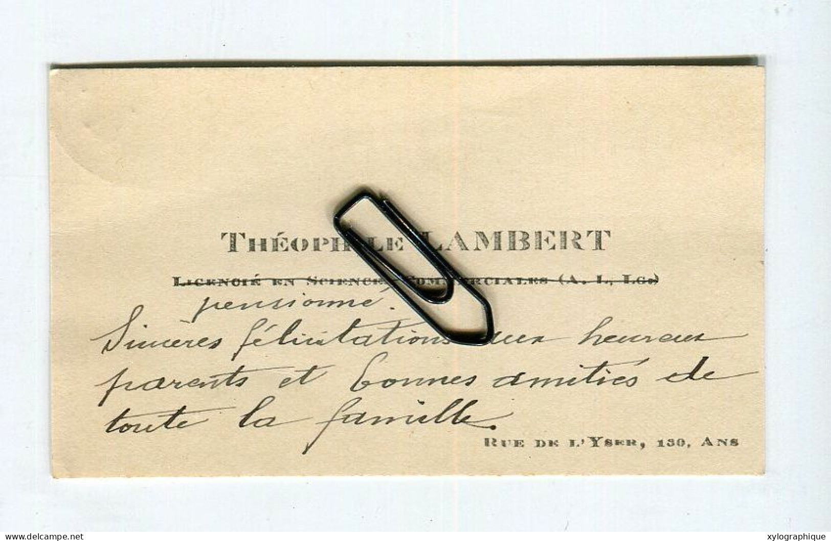 ANS (Liège) - Carte De Visite Ca. 1930, Théophile Lambert Licencié En Sciences Commerciales Pensionné, Rue De L'Yser - Visiting Cards