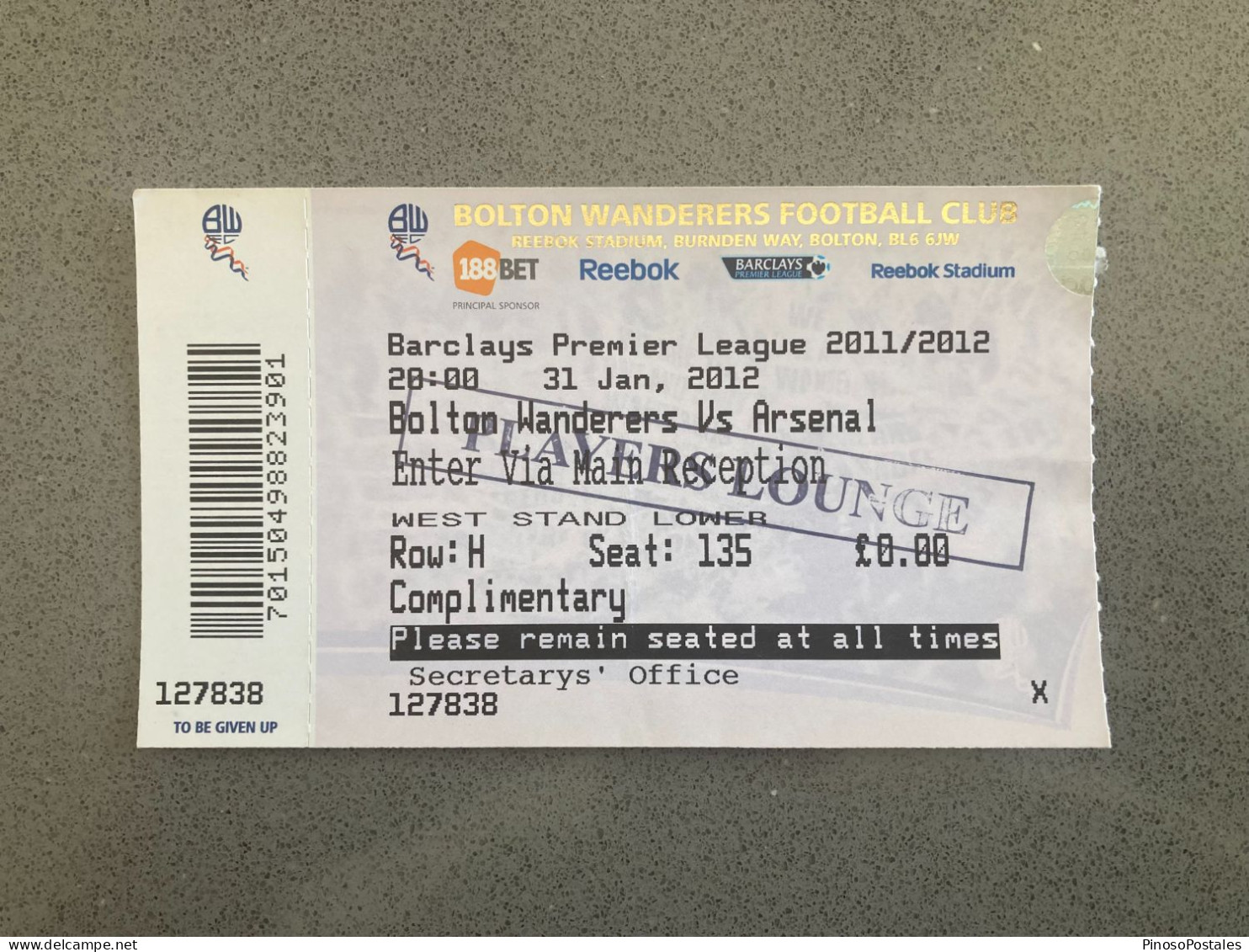 Bolton Wanderers V Arsenal 2011-12 Match Ticket - Eintrittskarten