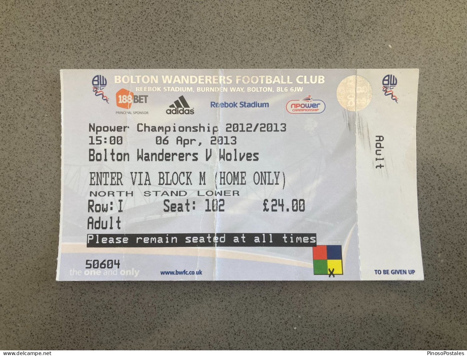 Bolton Wanderers V Wolverhampton Wanderers 2012-13 Match Ticket - Eintrittskarten