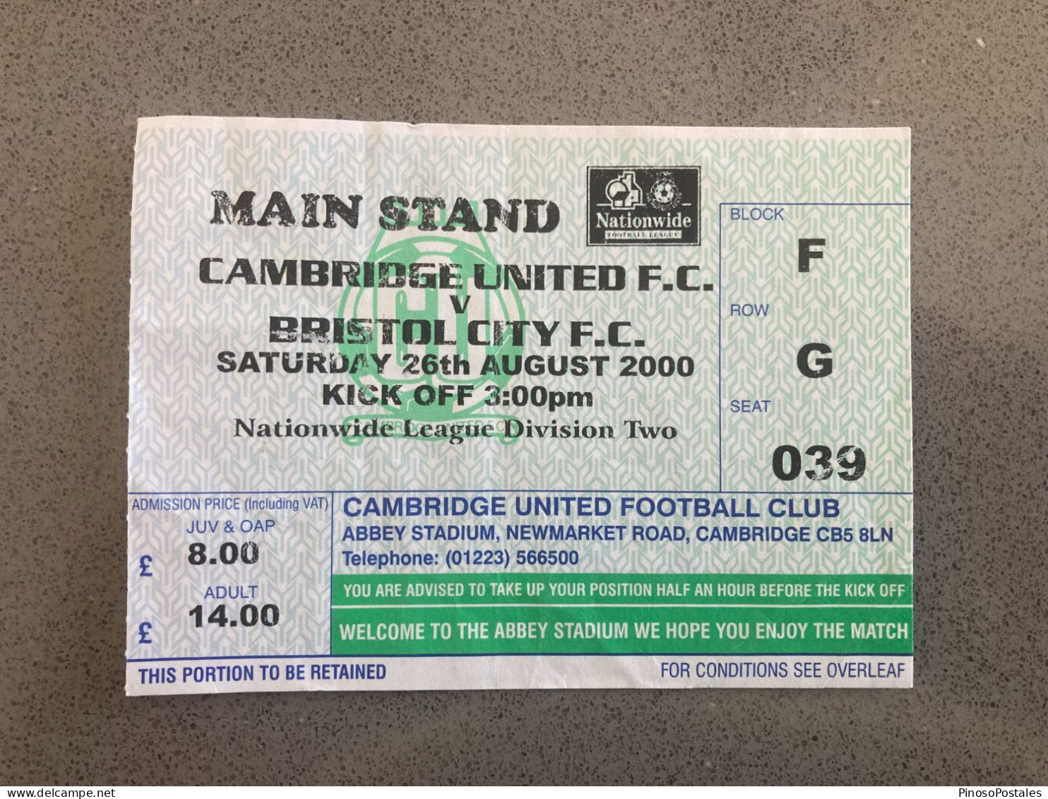 Cambridge United V Bristol City 2000-01 Match Ticket - Eintrittskarten