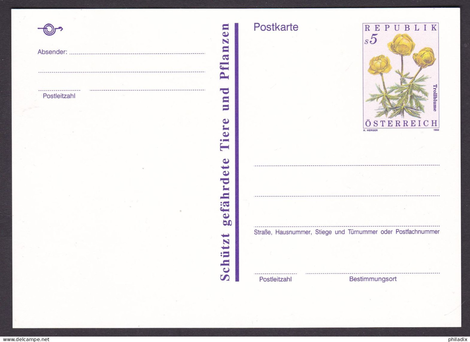 # Österreich 1992 Ganzsache/Postkarte Trollblumen **/MNH (PGB-1) - Postkarten