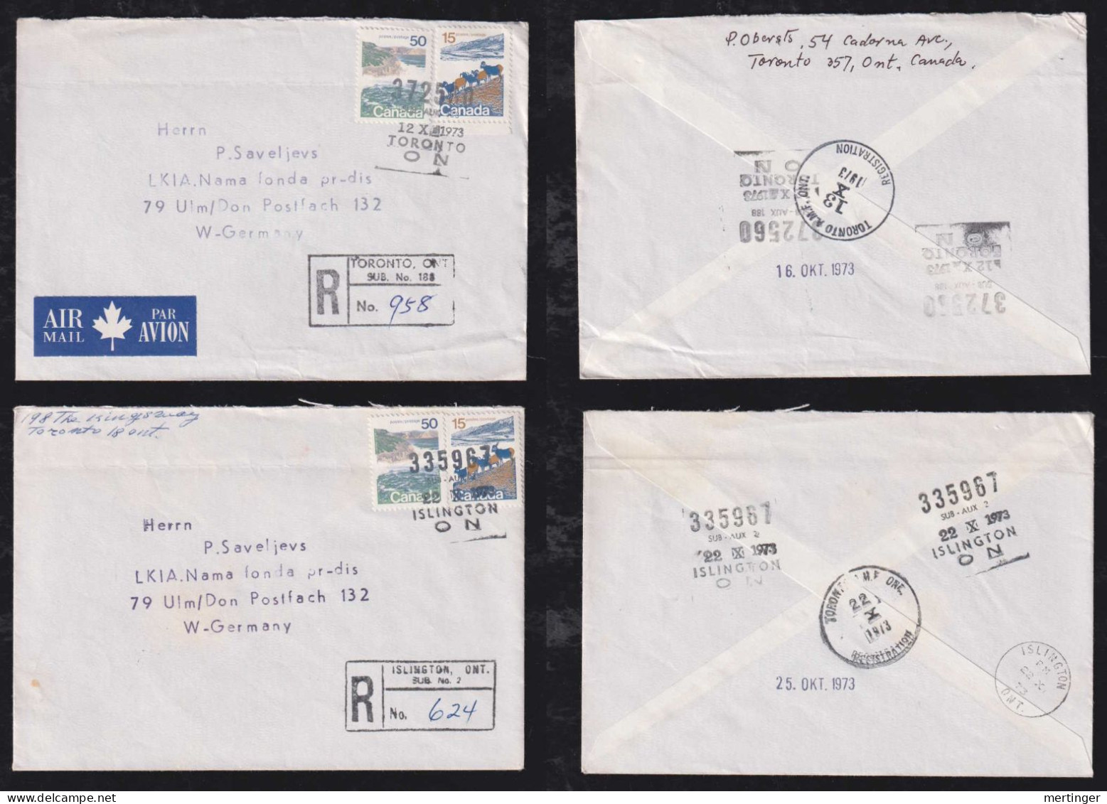 Canada 1972 2 Registered Airmail Covers TORONTO + ISLINGTON To ULM Germany - Lettres & Documents