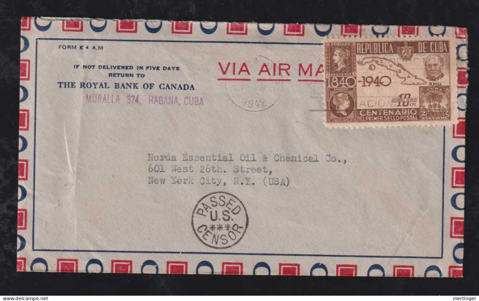 Kuba Cuba 1942 Censor Airmail Cover HABANA X NEW YORK Black PASSED U.S. CENSOR - Lettres & Documents