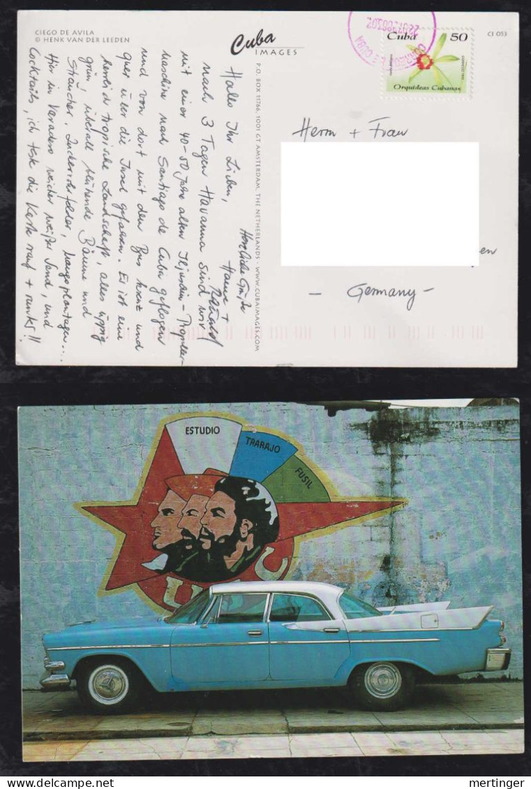 Kuba Cuba 2003 Picture Postcard To Germany Car Orchid Flower Stamp - Brieven En Documenten