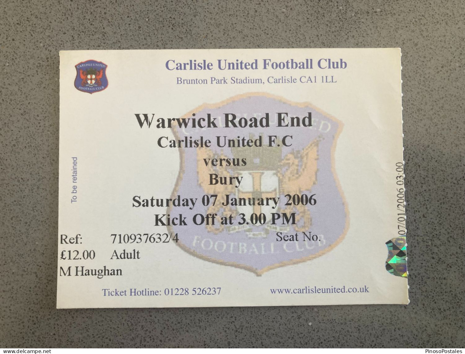 Carlisle United V Bury 2005-06 Match Ticket - Eintrittskarten