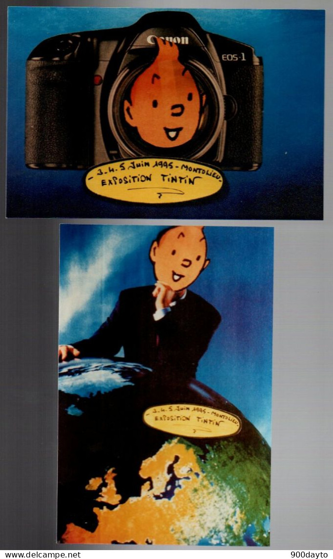 Lot De 2 CP TINTIN. (Illustration Jihel / Jacques Lardie). Exposition Tintin à Montolieu. (Tirage Limité 100 Ex). - Bandes Dessinées