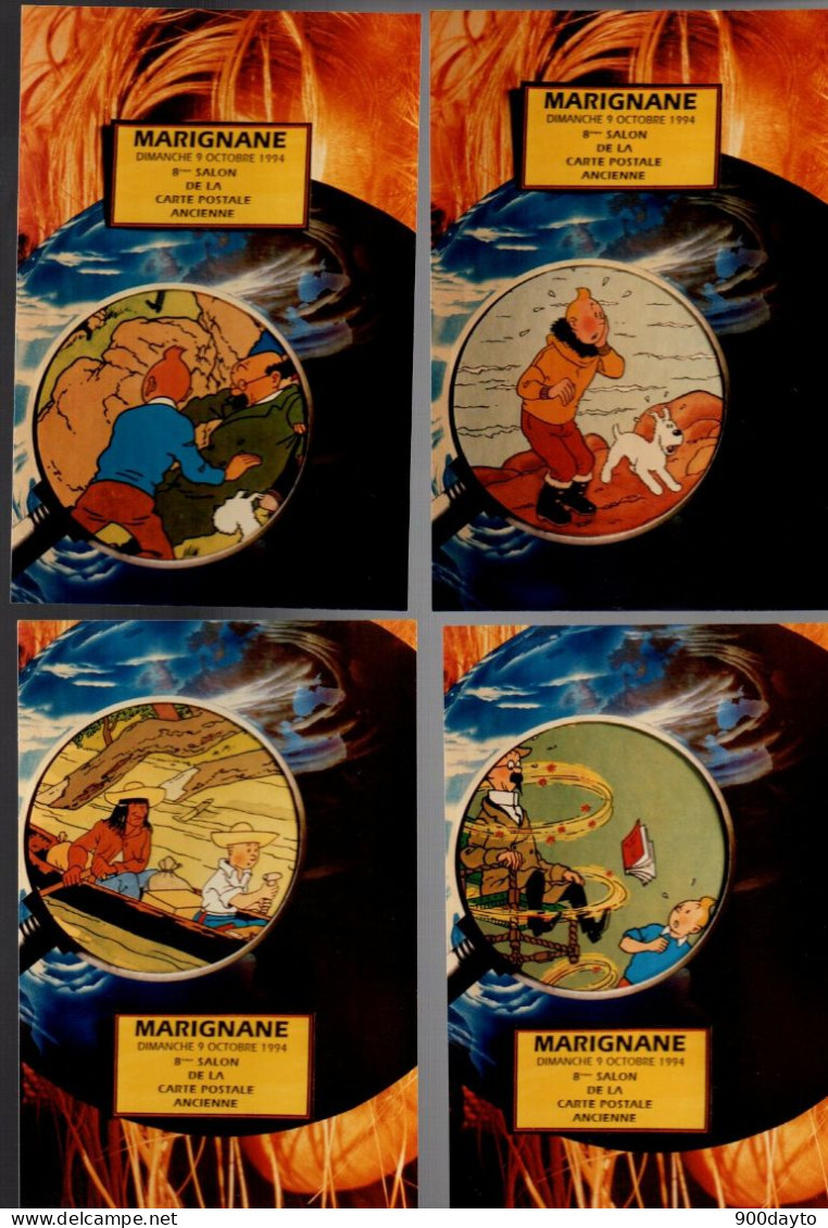 Lot De 4 CP TINTIN. (Illustration Jihel / Jacques Lardie). 8ème Salon De La CPA (Marignane). (Tirage Limité 100 Ex). - Comics