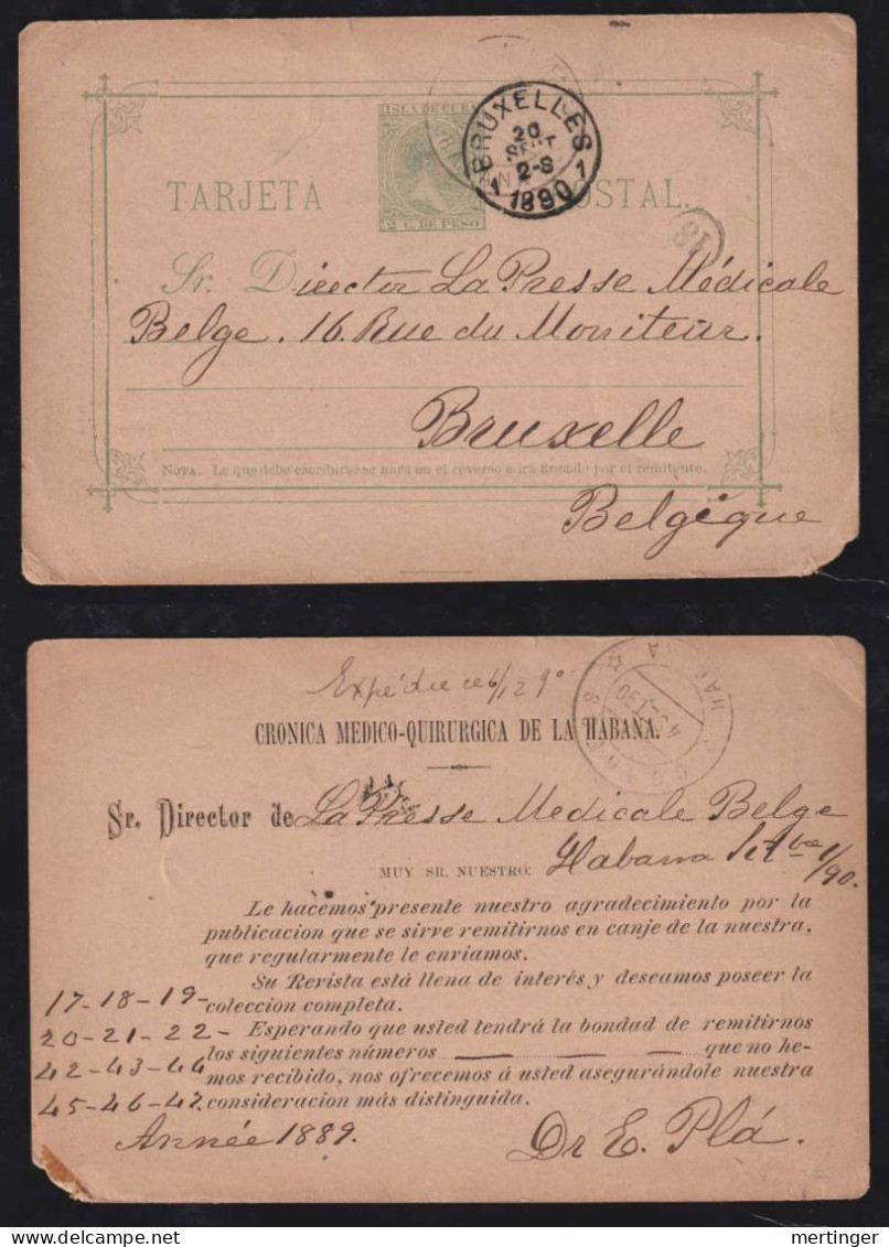 Kuba Cuba 1890 Stationery Postcard HABANA X BRUXELLES Belgium Private Imprint Medico Quirurgica - Cuba (1874-1898)