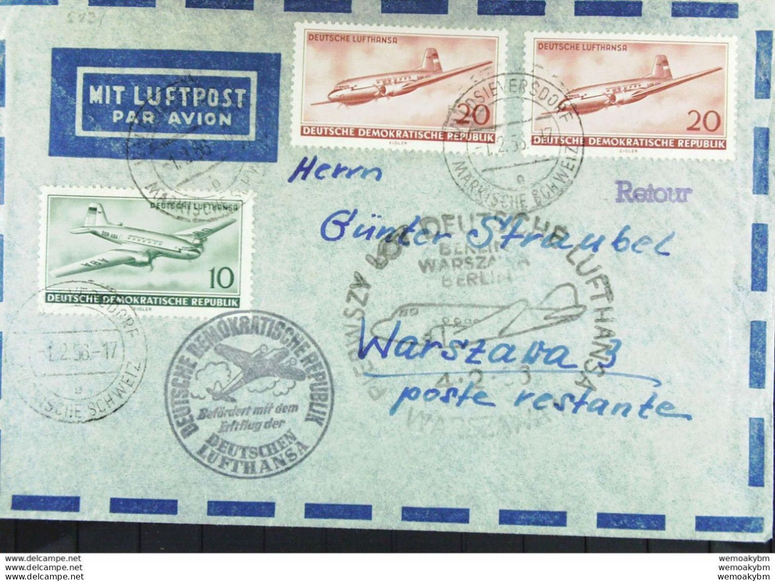 DDR: Luftpost-Brief Aus WALDSIEVERSDORF-MÄRKISCHE SCHWEIZ Vom Ersttag 1.2.56 Mit 10/20 Pf Eröffnung DDR-Luftfahrt - Correo Aéreo
