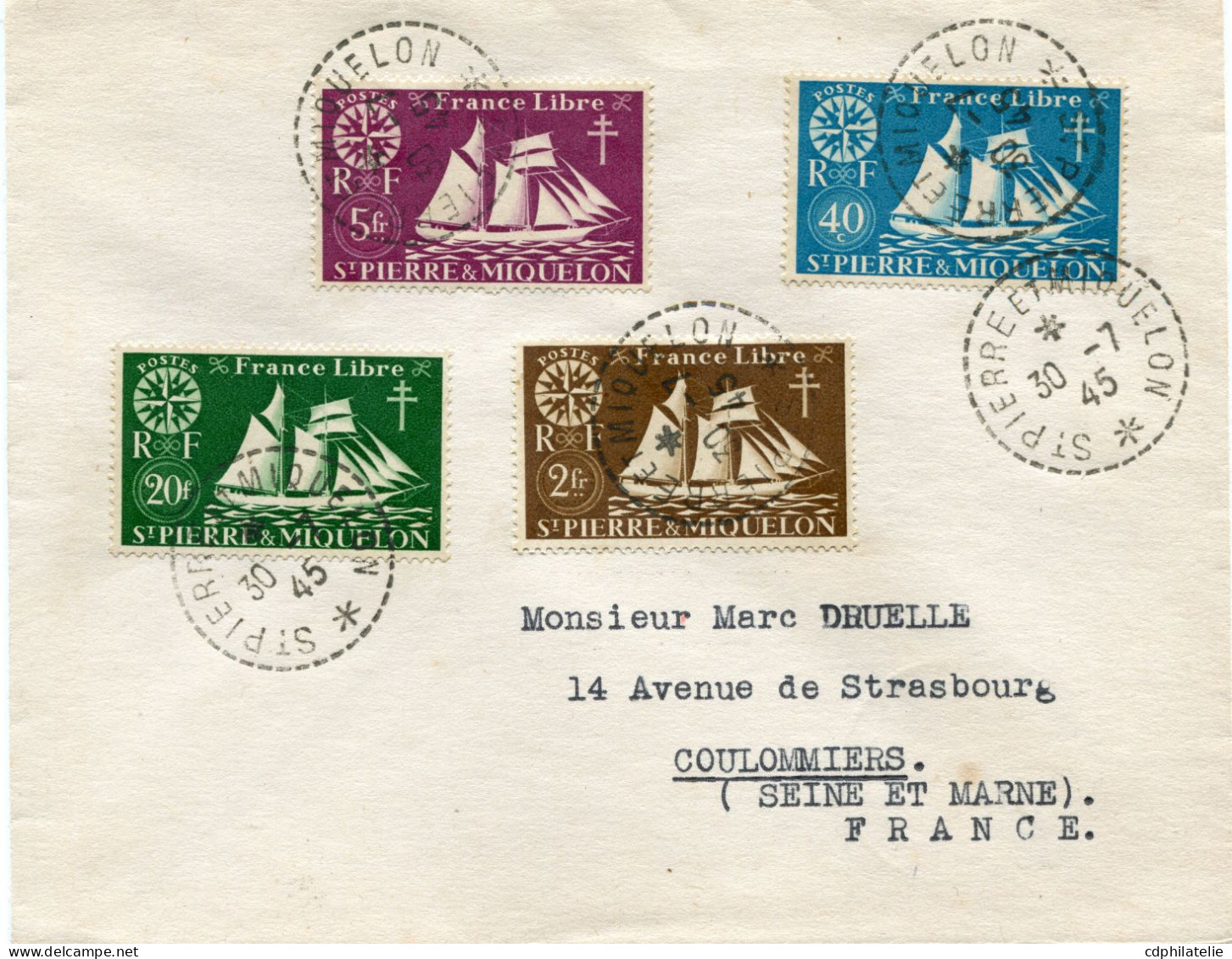 SAINT-PIERRE ET MIQUELON FRANCE LIBRE LETTRE DEPART ST PIERRE ET MIQUELON 30-7-45 POUR LA FRANCE - Brieven En Documenten