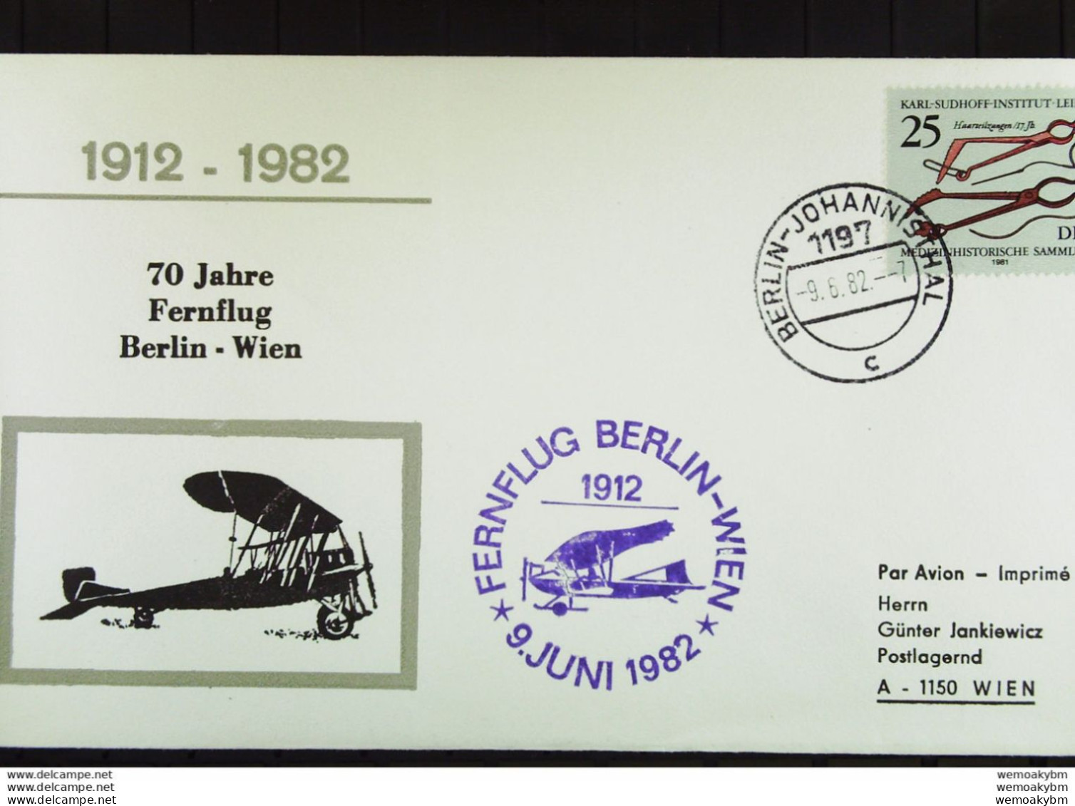 DDR: Luftpost-Brief "70 Jahre Fernflug BERLIN-WIEN" BERLIN-JOHANNISTHAL 9.6.1982 Mit 25 Pf EF Haarseilzangen Knr: 2642 - Poste Aérienne