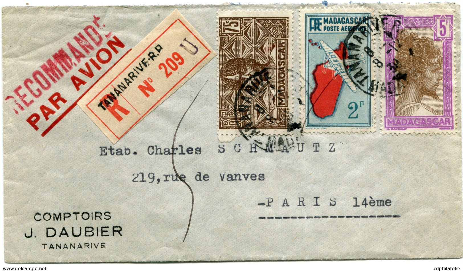 MADAGASCAR LETTRE RECOMMANDEE PAR AVION DEPART TANANARIVE 8-12-38 MADAGASCAR POUR LA FRANCE - Storia Postale