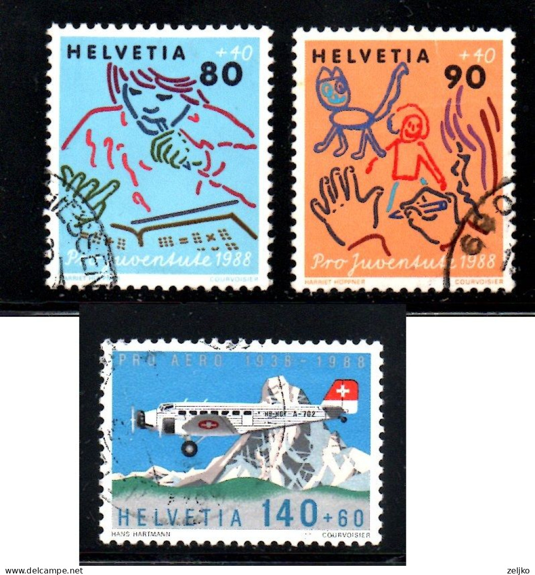 Switzerland, Used, 1988, Michel 1383, 1384, Pro Juventute, 1369, Airplane Junkers JU 52 - Oblitérés