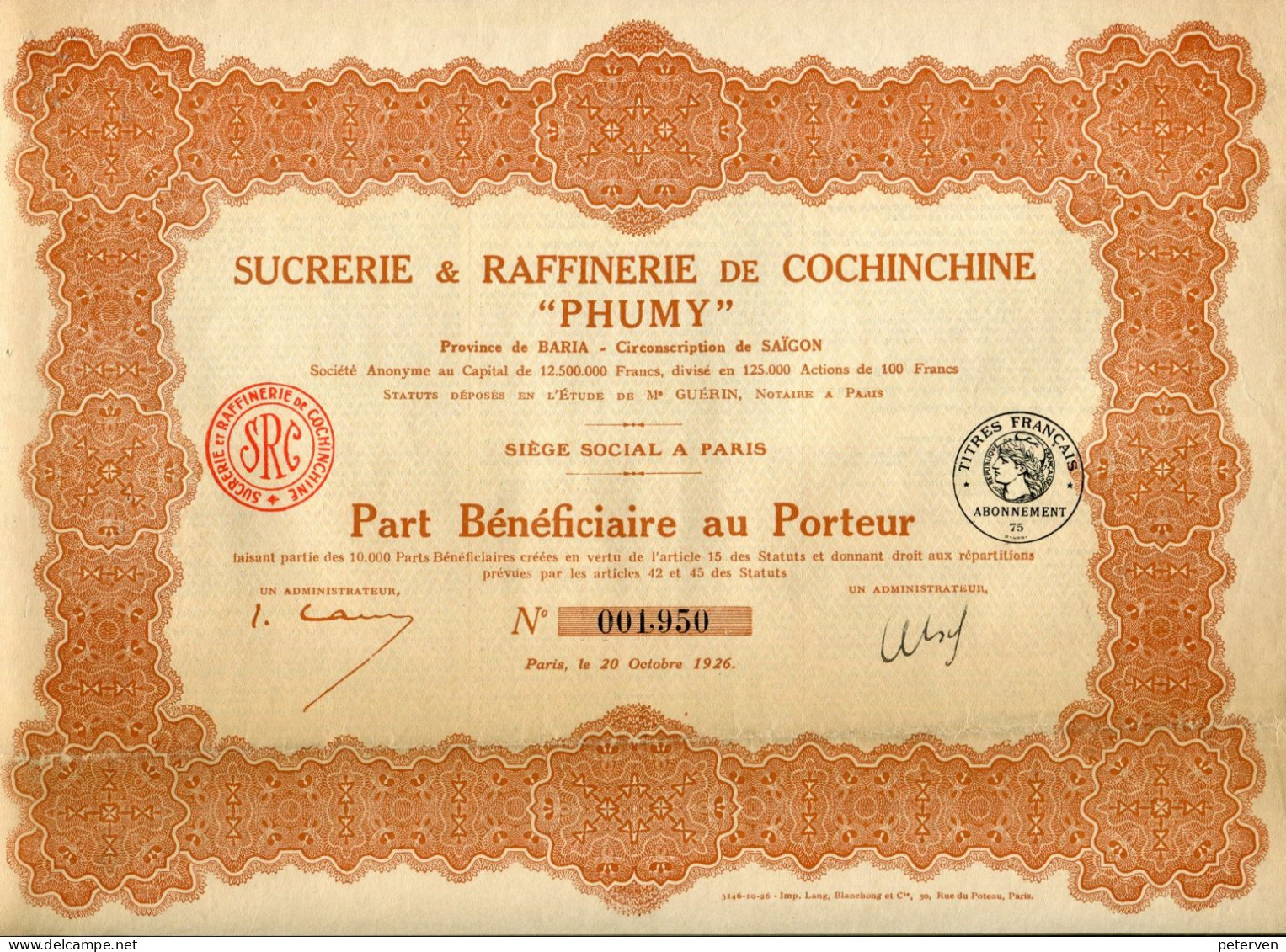 "PHUMY" - Sucrerie & Raffinerie De Cochinchine; Part Bénéficiaire - Asie