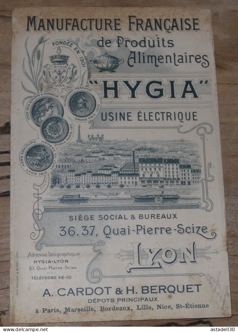 LYON , Dépliant Publicitaire Produits Alimentaires HYGIA, A Cardot & Berquet ....... Caisse-27 - Alimentos