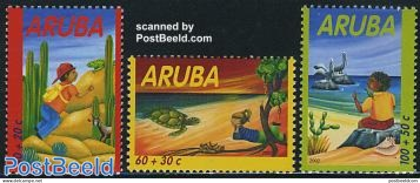 Aruba 2002 Child Welfare 3v, Mint NH, Nature - Animals (others & Mixed) - Birds - Cacti - Shells & Crustaceans - Turtles - Cactus