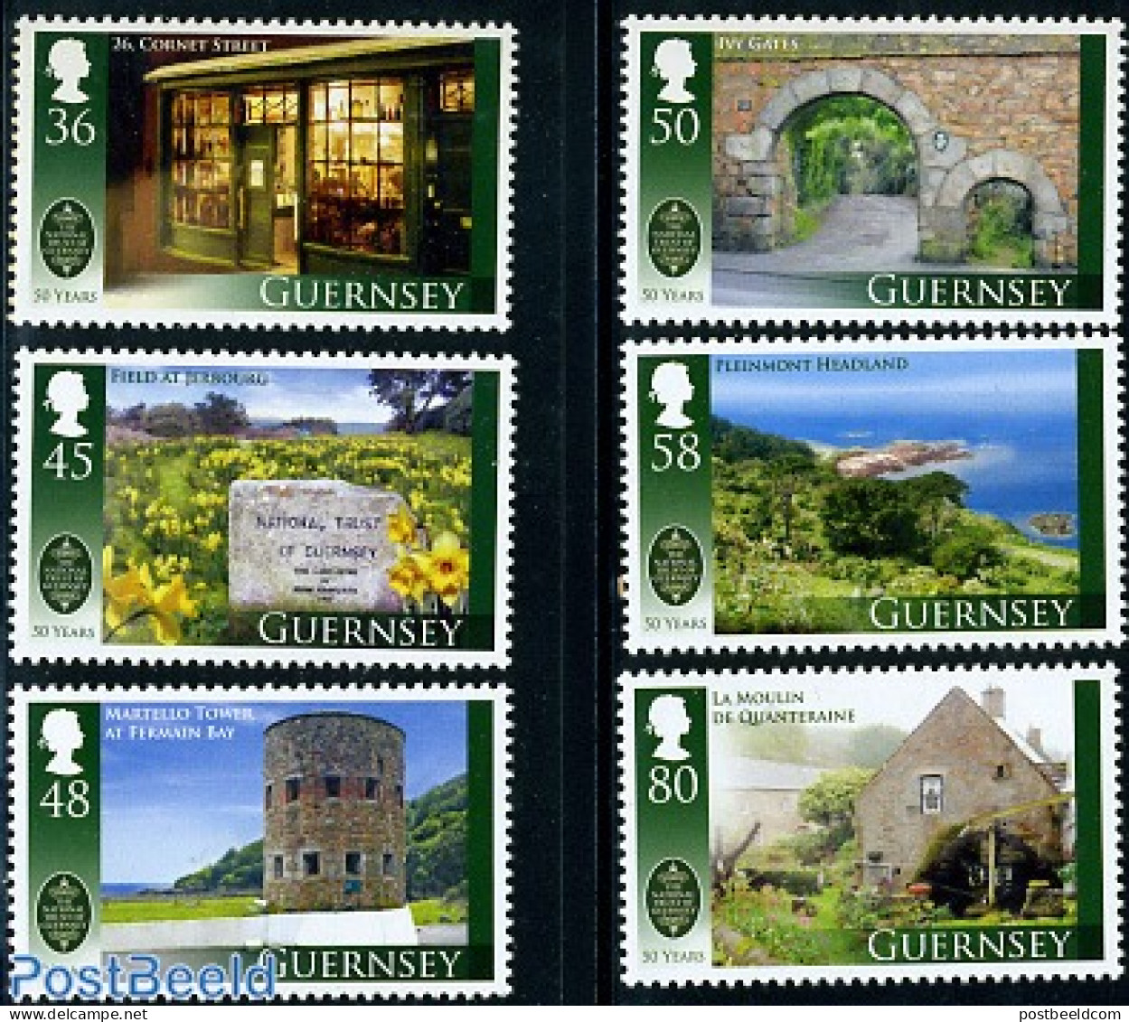 Guernsey 2010 50 Years National Trust 6v, Mint NH, Nature - Various - Flowers & Plants - Mills (Wind & Water) - Street.. - Windmills