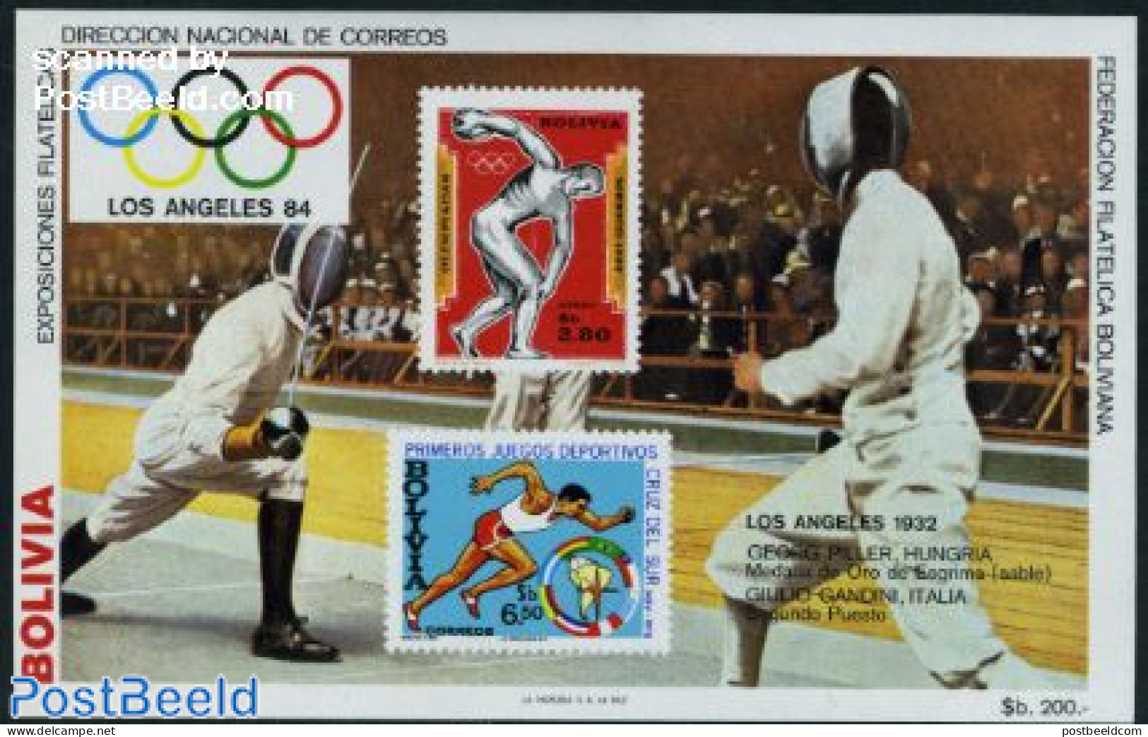 Bolivia 1983 Olympic Games S/s, Mint NH, Sport - Fencing - Olympic Games - Stamps On Stamps - Fencing
